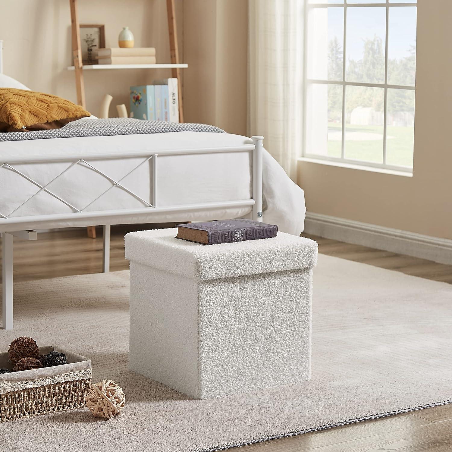 Sitzhocker Sitzwuerfel mit Stauraum Fussbank Truhen Aufbewahrungsbox faltbar belastbar bis 300 kg Deckel abnehmbar, 38 x 38 x 38 cm Samt (Weiss)