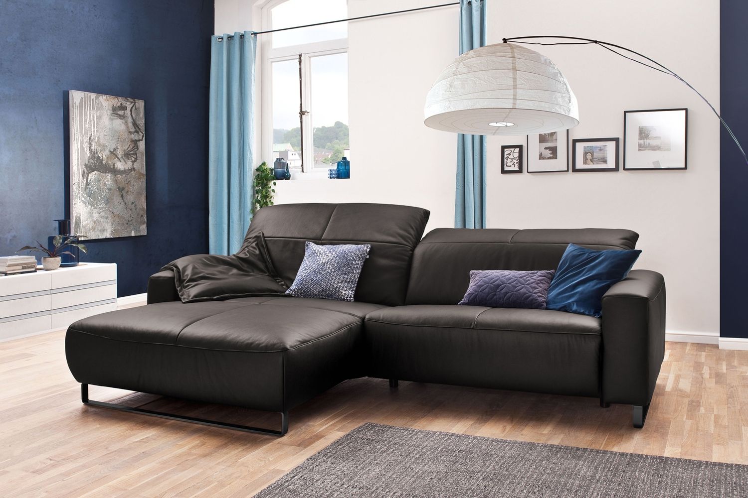 KAWOLA Sofa YORK Leder Life-line grey Recamiere links Fuß Metall schwarz 85 x 180 x 284 cm