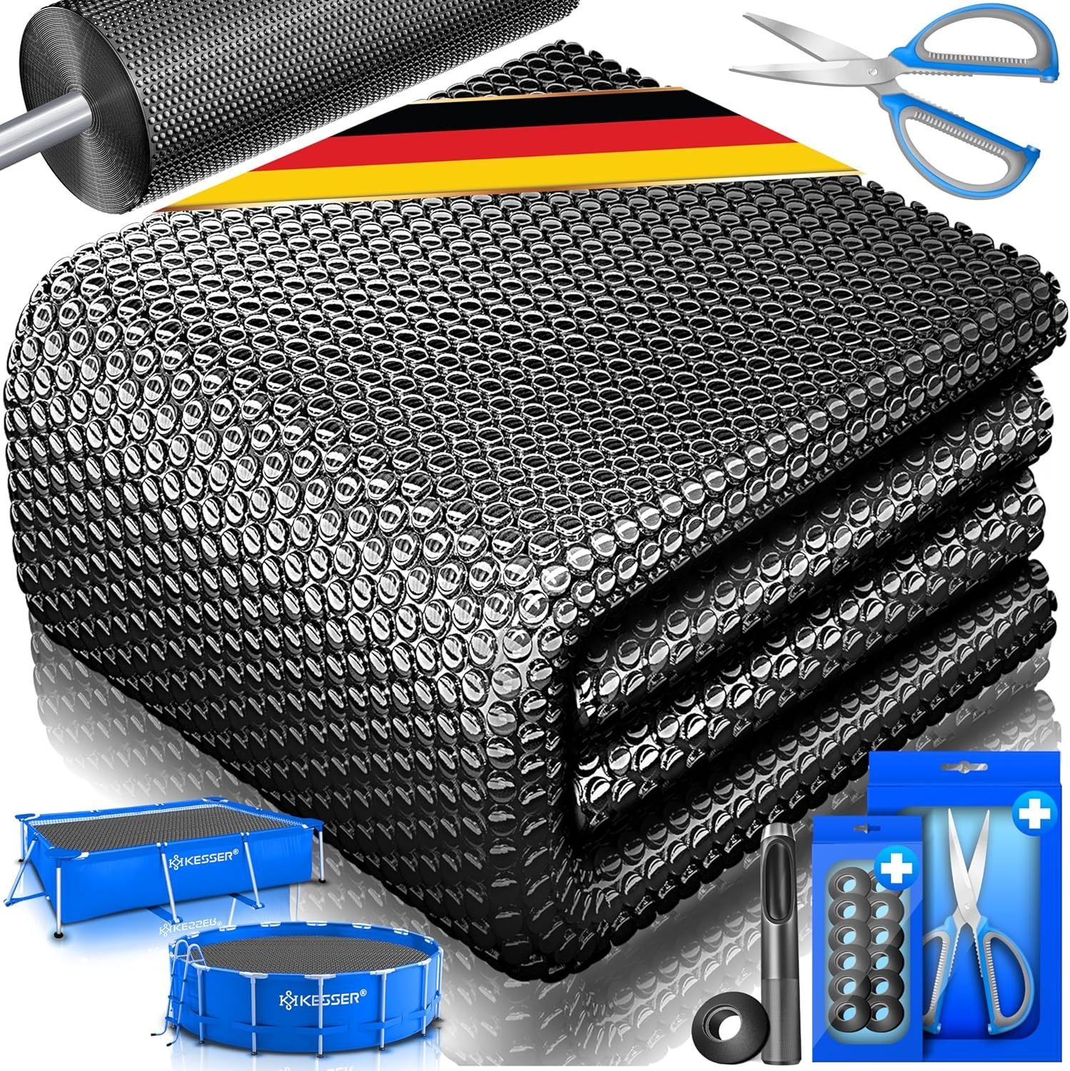 KESSER® Pool Solarfolie 400 µm | Solarplane Poolabdeckung | Solarabdeckplane flexibel zuschneidbar | Poolplane für Wassererwärmung | Solarabdeckung mit Schere, Lochzange & 12 Ösen Schwarz, Ø 244 cm