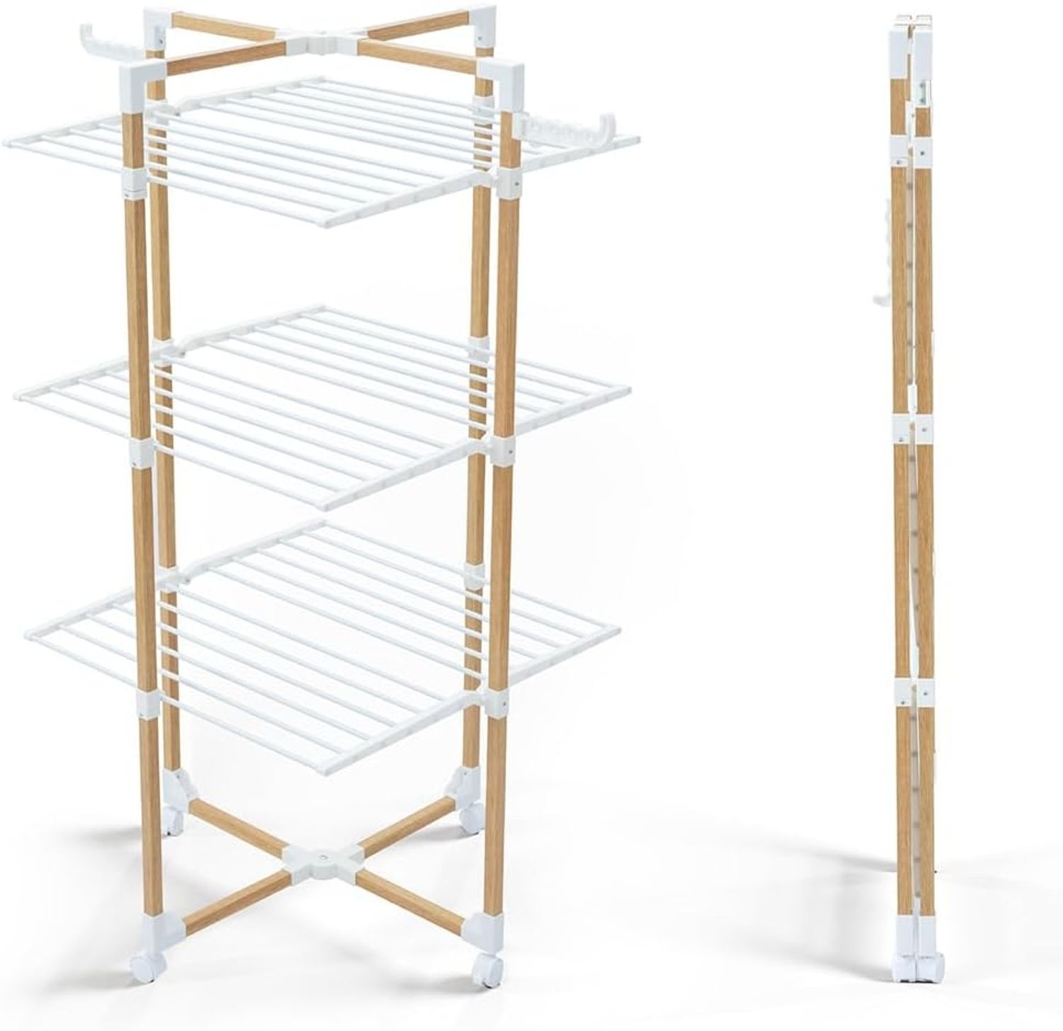 VOUNOT Wäscheständer Turm 3 Ebenen, Turmwäscheständer Klappbar Platzsparend, Standtrockner Wäscheturm Wäschetrockner mit 4 Rollen & 6 6altbaren Flügeln, 25m Leinenlänge, in Holz Imitiert, Weiß