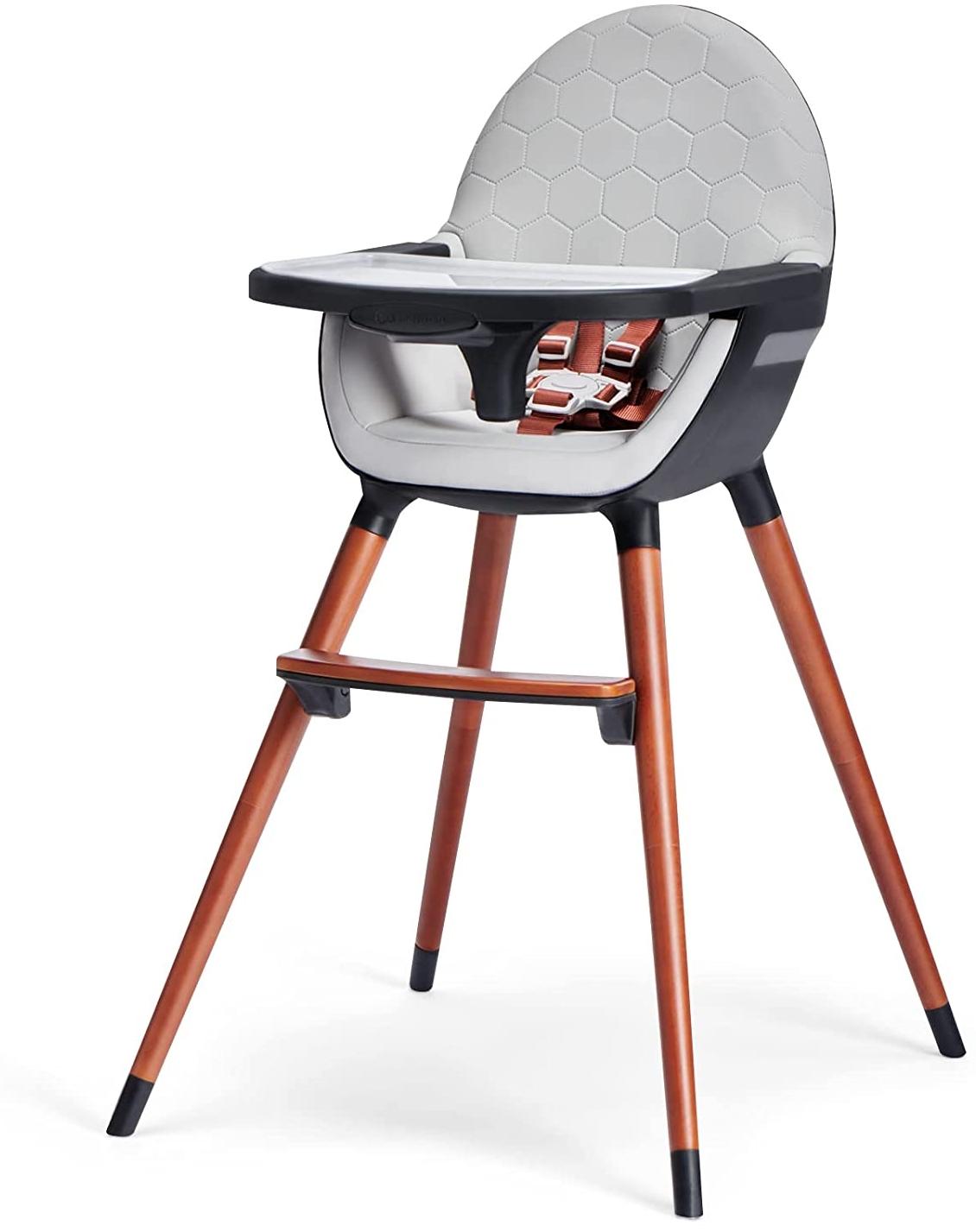 kk Kinderkraft FINIX Hochstuhl Baby ab 6 Monate bis 5 Jahre, Kinderhochstuhl 2in1 für ältere Kinder, Beine aus Holz, Verstellbare Rückenlehne Tablett Fußstütze, Stilvolles Design, Grau