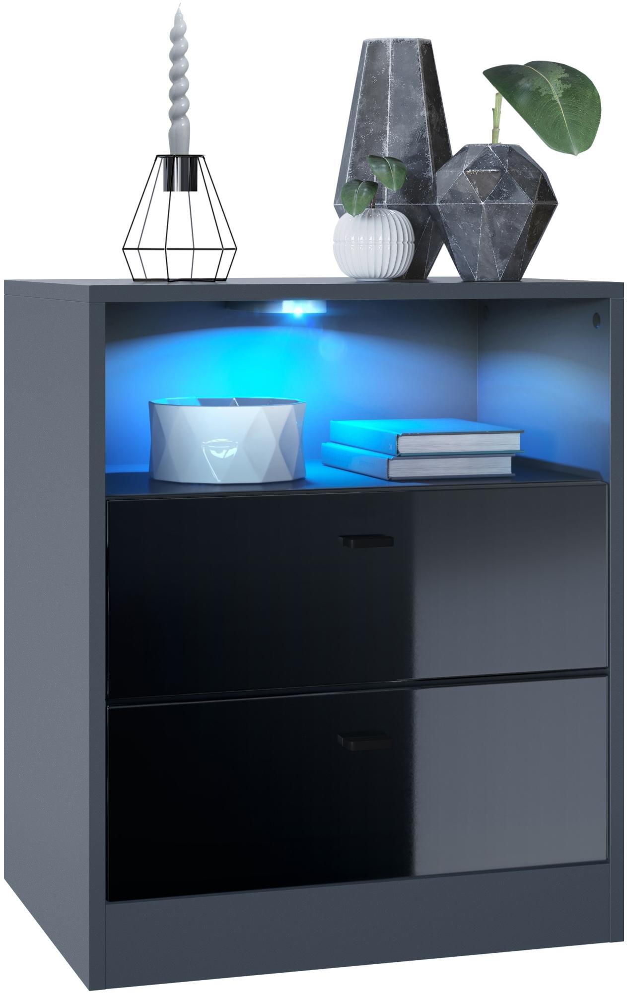 Vladon Kommode Pino V1, Nachttisch mit 2 Schubladen & 1 offenem Fach, Anthrazit matt/Schwarz Hochglanz mit LED RGB (56 x 67,5 x 36 cm)