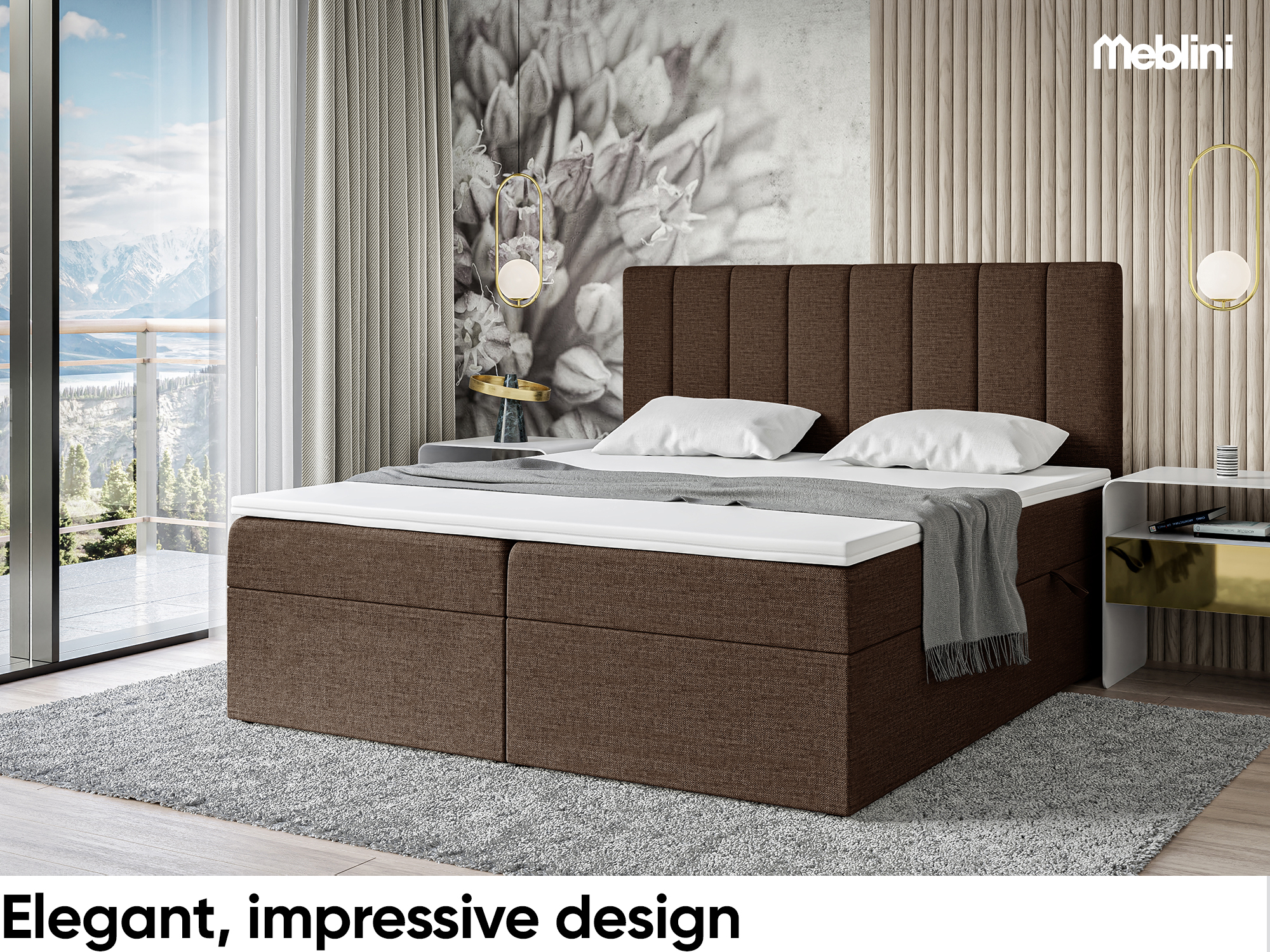 MEBLINI Boxspringbett ERLING 140x200 cm mit Bettkasten - H3/Braun Webstoff Polsterbett - Doppelbett mit Topper & Bonellfederkern-Matratze