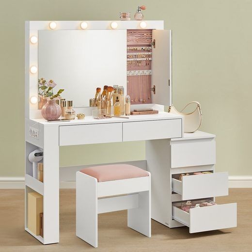 VASAGLE Schminktisch mit LED-Beleuchtung, Frisiertisch mit Spiegel, Schmuckschrank, Steckdosenleiste, 40 x 125 x 140 cm, Kosmetiktisch mit Schubladen, modern, wolkenweiß, mit Hocker