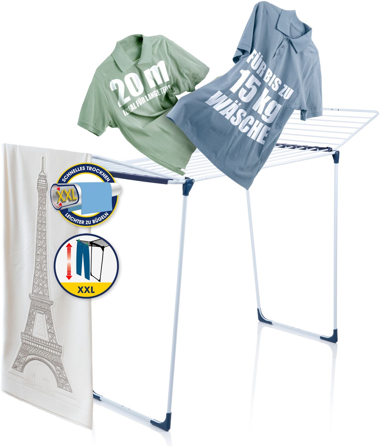 BigDean Wäscheständer 20m extra hoch & Dicke Leinen weiß/blau - Wäschetrockner Made in Europe