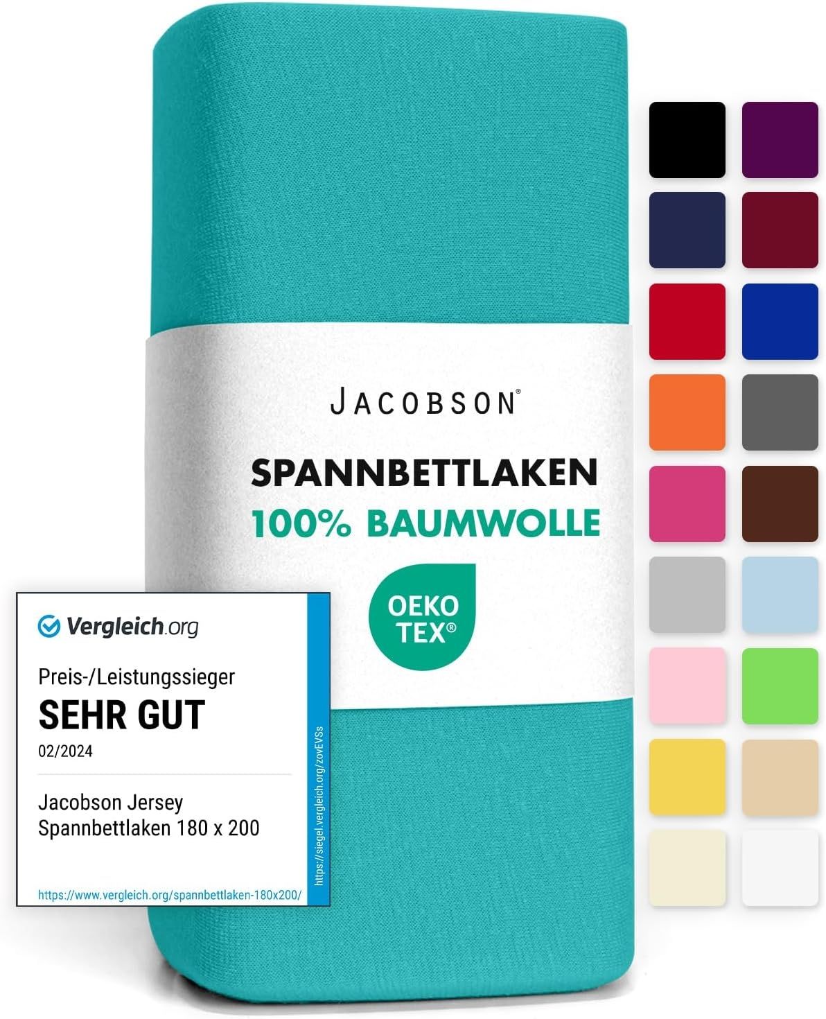 Jacobson Jersey Spannbettlaken Spannbetttuch Baumwolle Bettlaken (120x200-130x200 cm, Türkis)