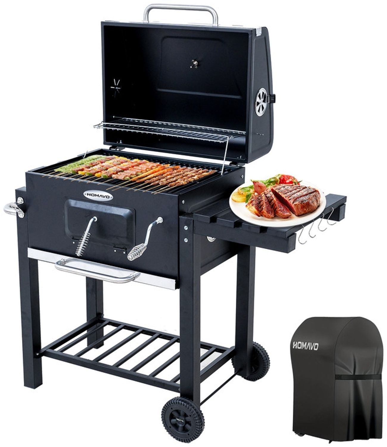 HOMAVO Holzkohlegrill mit Deckel & Grillabdeckungen Wasserfest, Grillfläche: 56 × 42.5 cm, Höhenverstellbare Kohlenwanne, Faltbarer Seitentisch, Thermometer