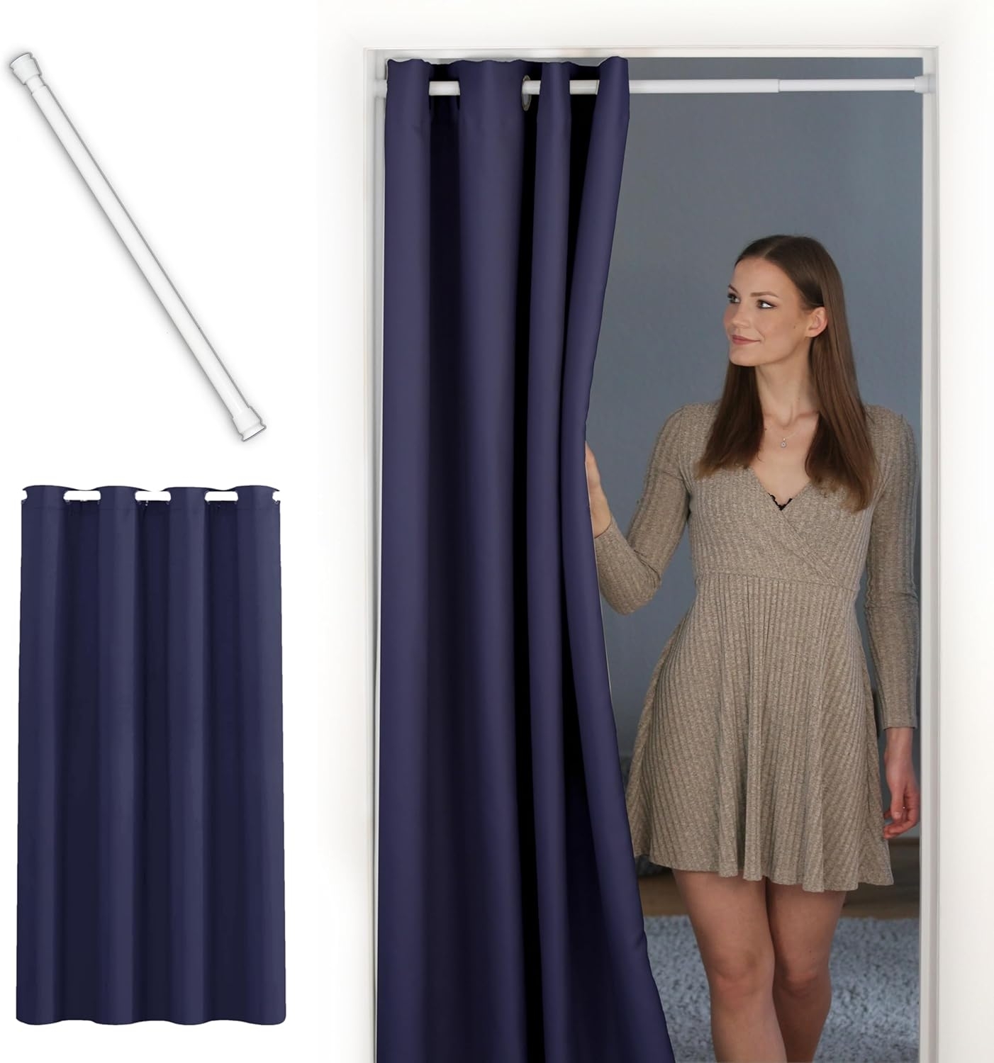 tinycurtains Türvorhang mit Stange weiß 55-90 cm ohne Bohren, Thermo Vorhang Tür, Ösen, abdunkelnd, Polyester, dunkelblau Ocean, Türgardine mit Klemmstange Raumtrenner verdunkelnd