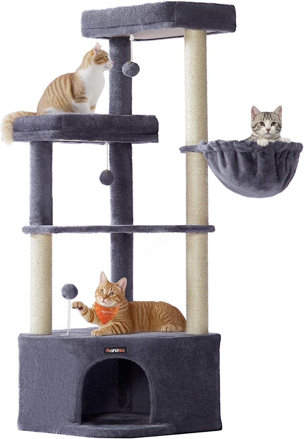 Feandrea Kratzbaum, Katzenbaum, 48,5 x 48,5 x 140,7 cm, Katzenkratzbaum mit großer Kuschelhöhle, großen Plattformen, Plüschbällen, Liegemulde, dukelgrau