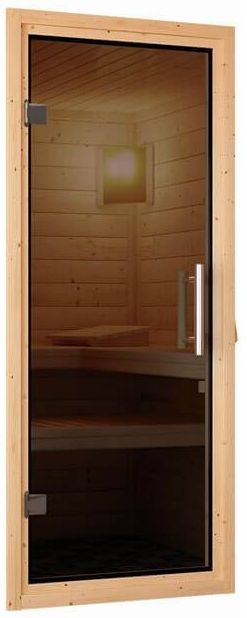 Karibu Sauna Larin mit Dachkranz + 9kW Saunaofen mit ext. Steuerung Easy Graphit-Ganzglastür