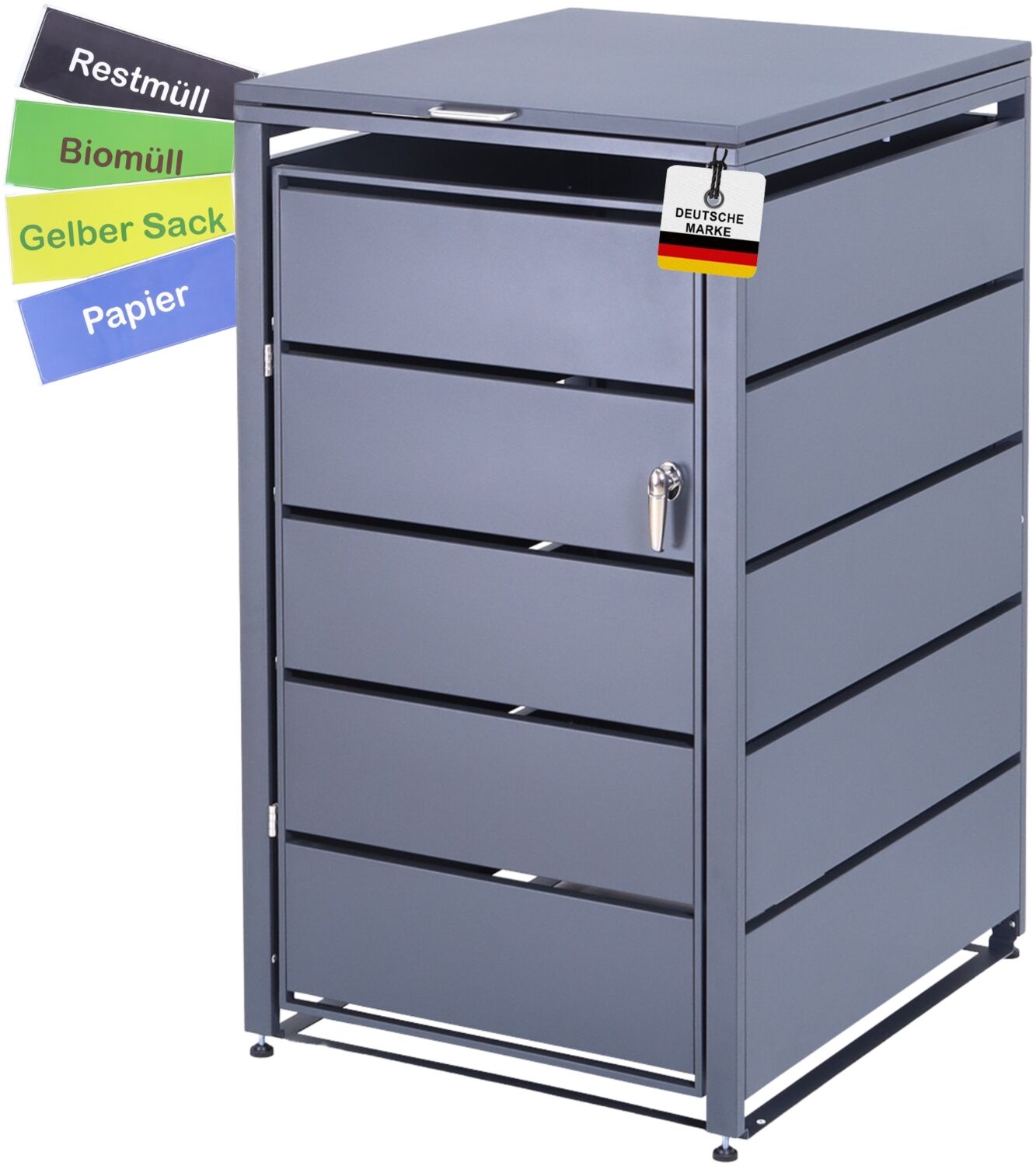 Mülltonnenbox 1er Tonne | bis 240 Liter | Anthrazitgrau RAL 7016 | verzinkter Stahl | Premium Dämpfer| Aufkleber-Set | wetterfest