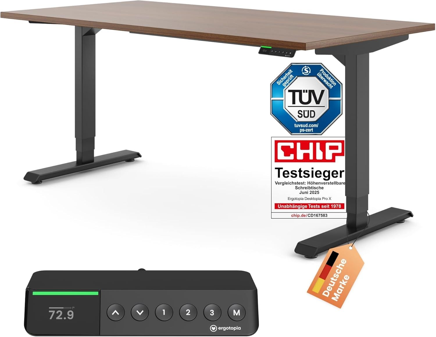 Desktopia Pro X - Elektrisch höhenverstellbarer Schreibtisch / Ergonomischer Tisch mit Memory-Funktion, Nussbaum, Gestell Schwarz, 180x80 cm