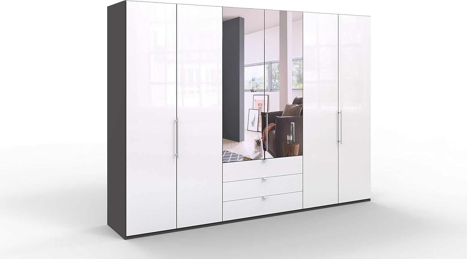 WIEMANN Loft Kleiderschrank, Schlafzimmerschrank, Gleittürenschrank, Drehtürenschrank, mit Schubladen, mit Spiegel, Glas weiß, Havanna, B/H/T 300 x 216 x 58 cm