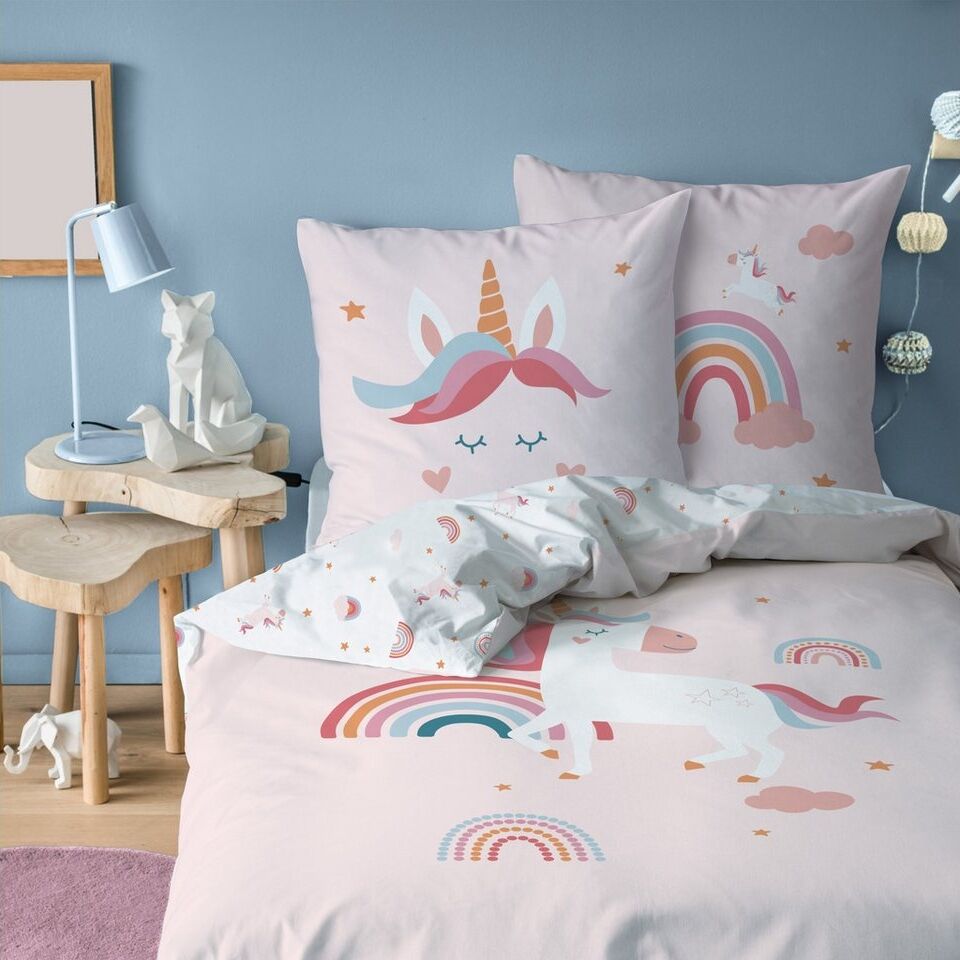 MTOnlinehandel Bettwäsche Einhorn 135x200 + 80x80 cm (Unicorn), 100% Baumwolle, 2 teilig, Mädchen-Bettwäsche Magic Tale, Regenbogen, Sterne und Wolken
