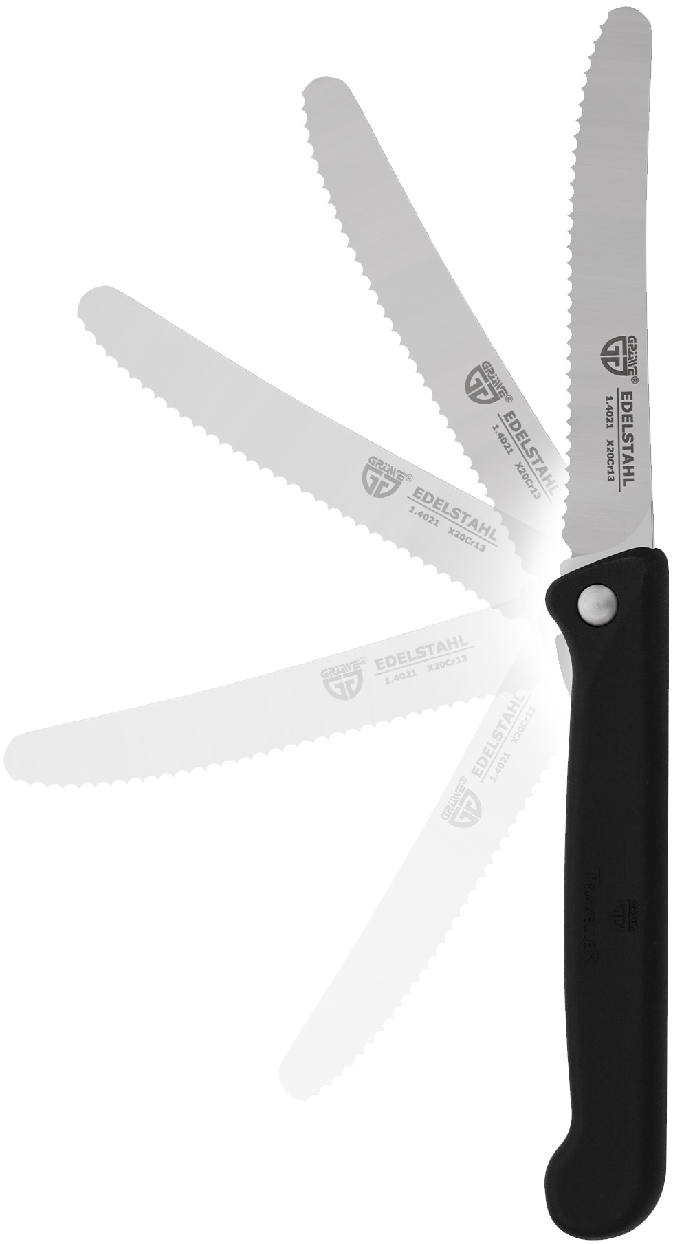 Klappbares Frühstücksmesser, mit Etui, Wellenschliff, Schwarz