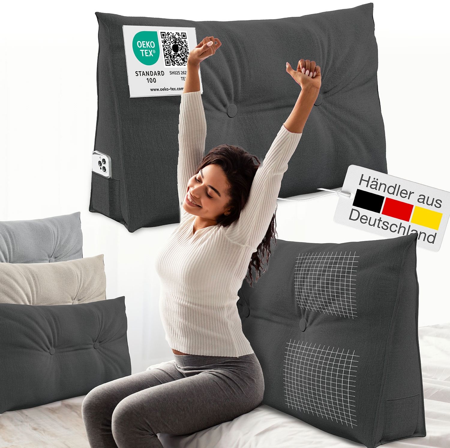 ELONEO Rückenkissen Keilkissen für Bett und Sofa, Lesekissen mit praktischem Seitenfach, 1-tlg, mit praktischem Seitenfach, Lesekissen, mit waschbarem Bezug