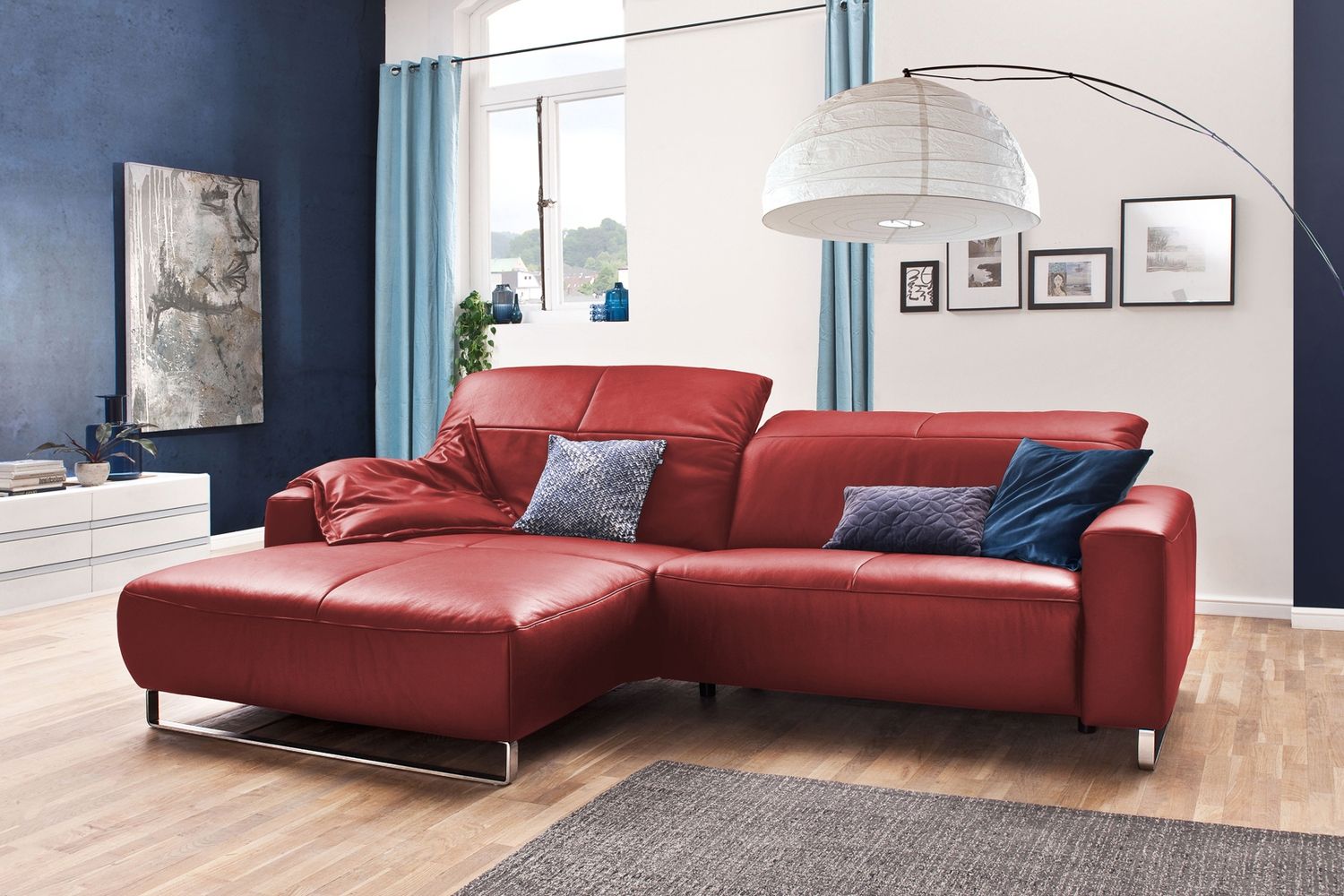 KAWOLA Sofa YORK Leder Life-line rot Rec links Fuß Metall Chrom matt 85 x 111 x 284 cm