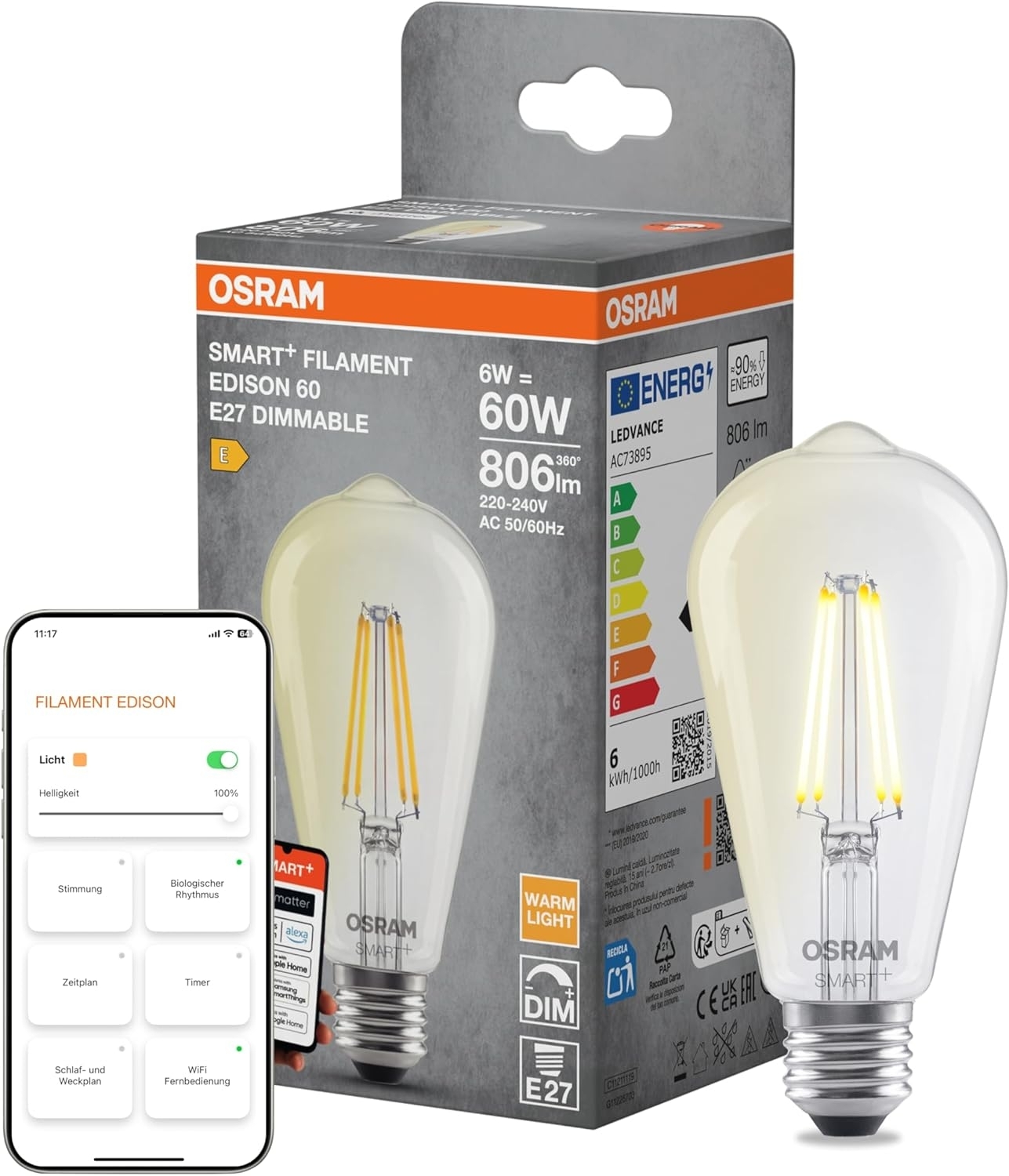 Osram SMART+ LED-Lampe Edison, E27 Kolbenform, Filament-Optik, warmweiß 2700 K, dimmbar, App-Steuerung, kompatibel mit Alexa und Google
