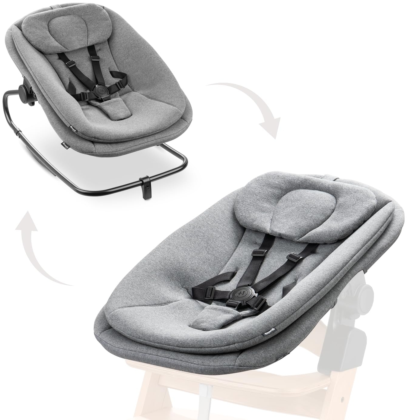 hauck 3in1 Babywippe für Alpha+, Beta+ & Arketa Holzhochstuhl, Ergonomische Babyliege für Babys ab Geburt bis 15 kg, mit 5-Punkt-Gurt, Sitzverkleinerer, Baumwollbezug (Dark Grey Melange)