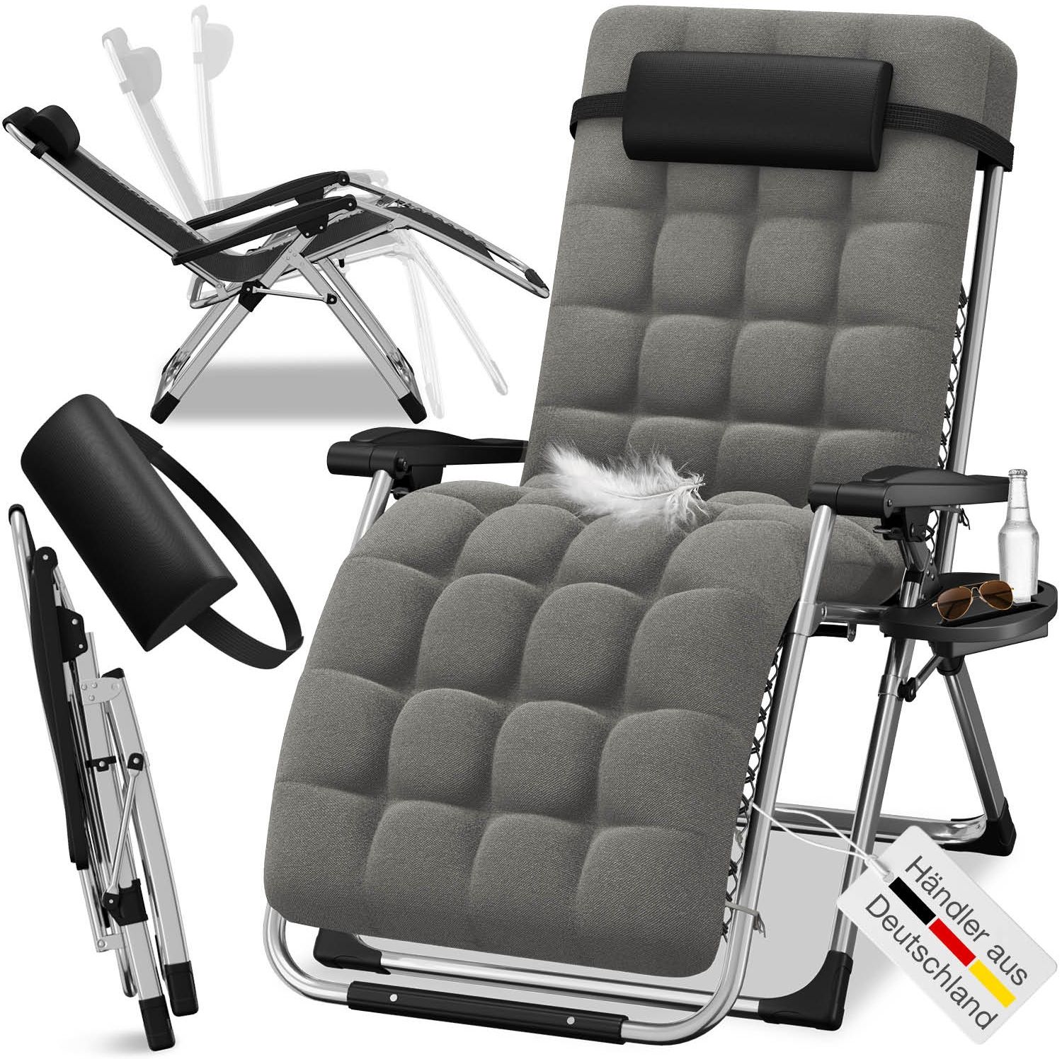 ELONEO Liegestuhl klappbar inkl. Premium Polster, Sonnenliege wetterfest mit 200 kg Belastbarkeit, Gartenstuhl extra breit, Gartenliege mit Verstellbarer Rückenlehne, Nackenkissen und Getränkehalter