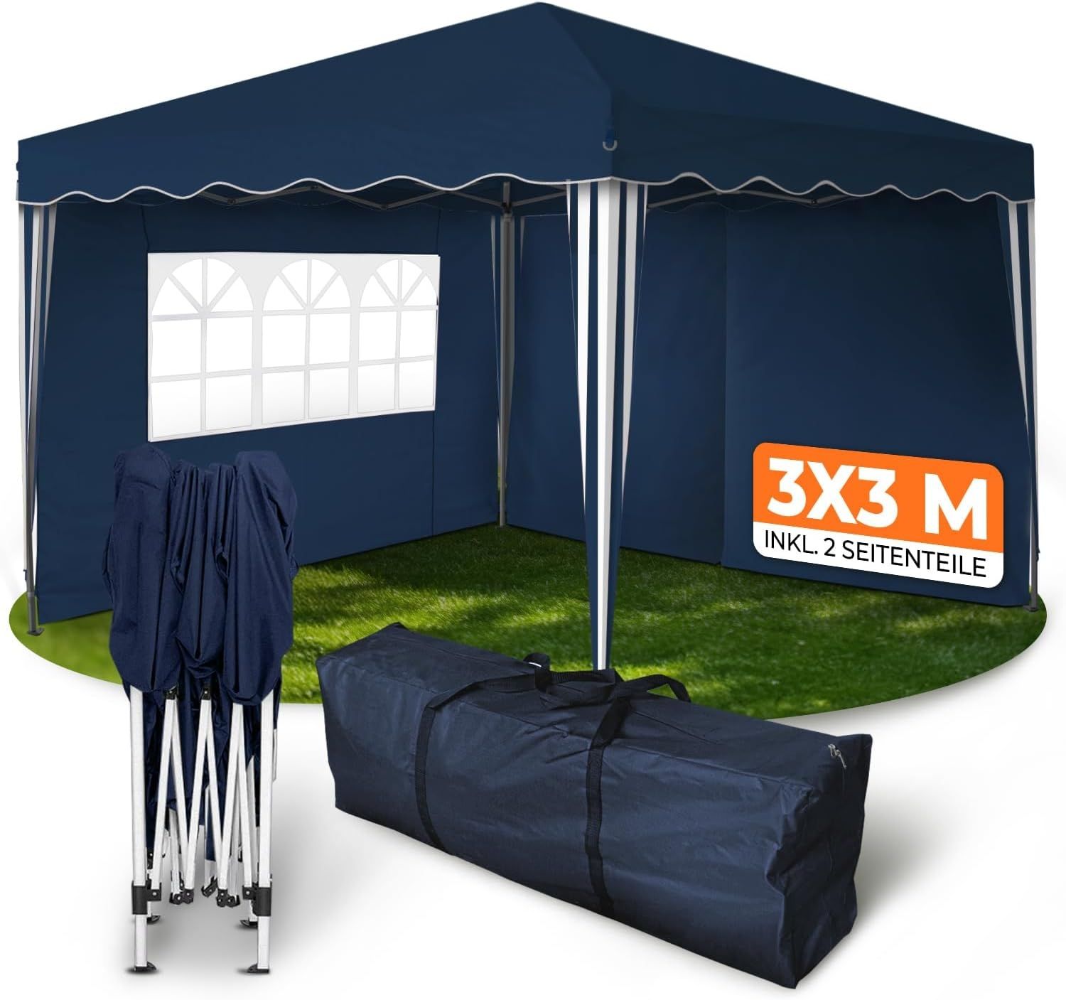 Faltpavillon 3x3 m - wasserdicht - mit 2 Seitenteilen, blau