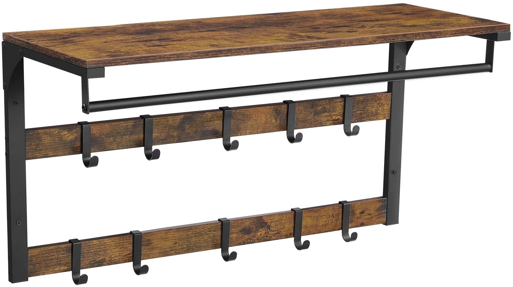 VASAGLE Wandgarderobe, mit Ablage, Wandregal mit 10 abnehmbaren Haken, Hängeregal, Wandmontage, 2 Garderobenleisten, Kleiderstange, für Flur, Schlafzimmer, Badezimmer, vintagebraun-schwarz LCR201B01