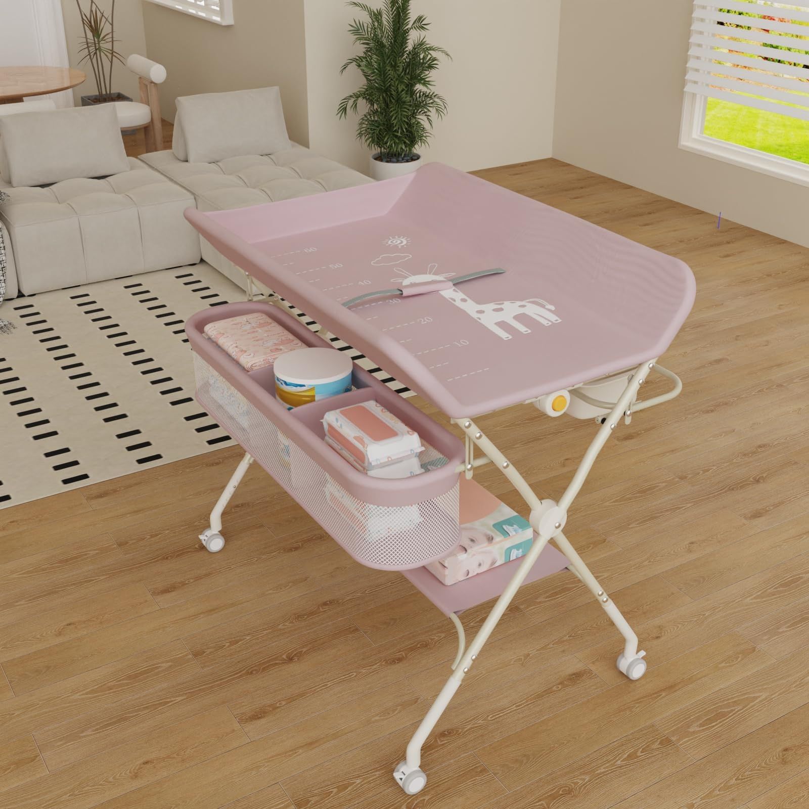 Wickelstation für Baby, Wickeltisch, faltbar, tragbar, Wickeltisch, faltbar, tragbar, mit Aufbewahrungskorb, maximale Belastung von 25 kg,75 x 68 x 83–91 cm (Rosa)