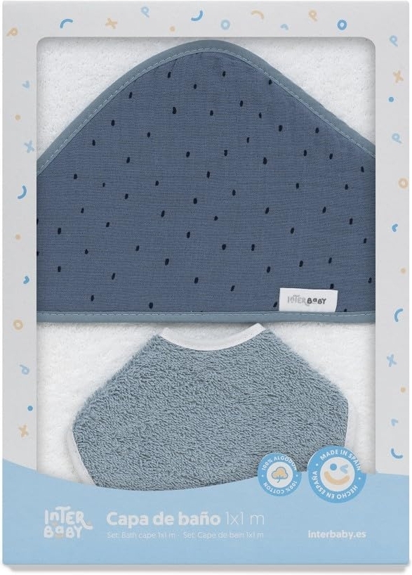 Baby BadePoncho 1x1 m Bademantel Kapuzenbademantel MUSSELIN "Puntos weiß petroleum" für Neugeborene · 100% Baumwolle & Runder Lätzchen 20x20 cm · INTERBABY