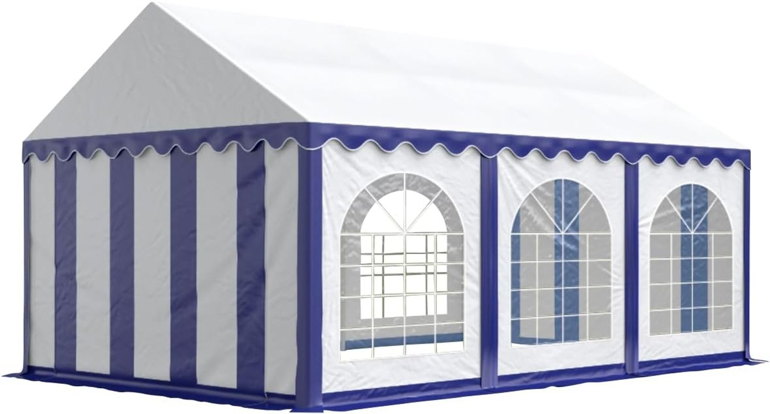 Profizelt24 Festzelt Partyzelt 4x6 m PREMIUM, hochwertige ca. 500g-m² PVC Plane in blau-weiß 100% wasserdicht mit Bodenrahmen