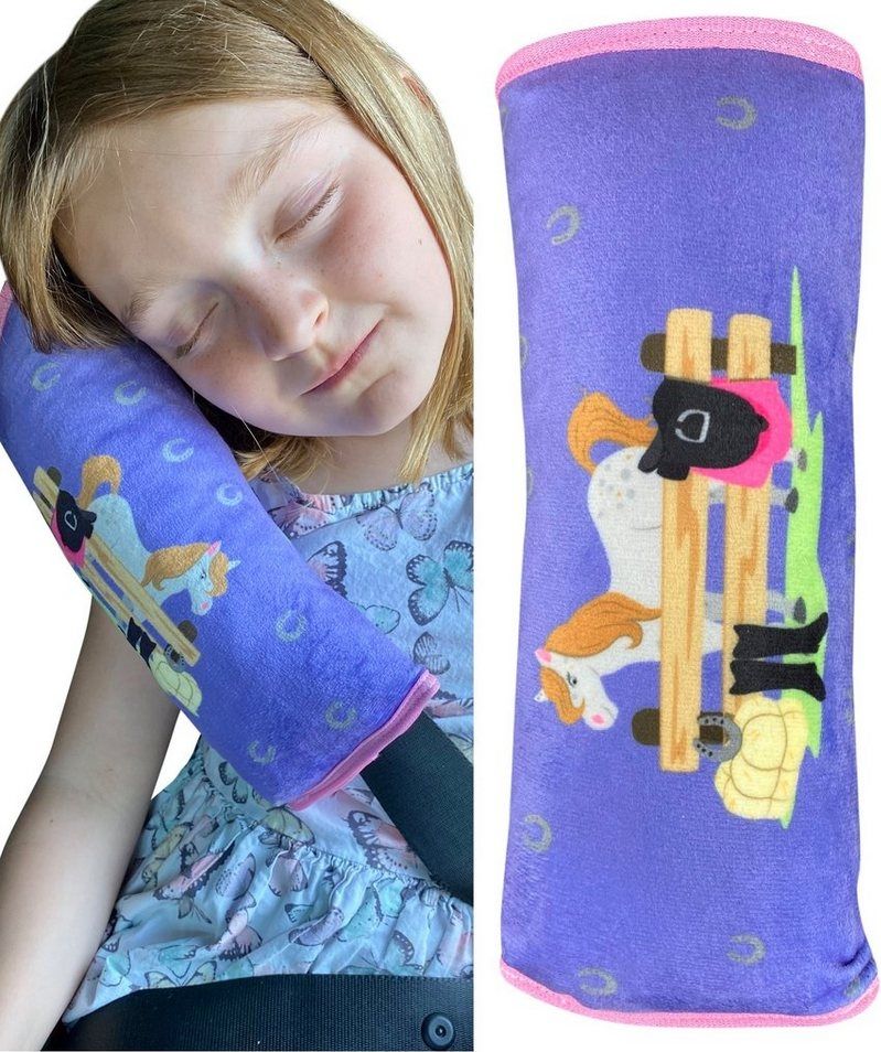HECKBO Schlafkissen Auto Schlafkissen Bauernhof Pferd Motiv für Kinder Mädchen Jungen - maschinenwaschbar – kuschelweich - Auto Gurtkissen, Gurtschoner, Gurtschutz Sitzerhöhung, Auto Kissen, Reisekissen, Urlaub
