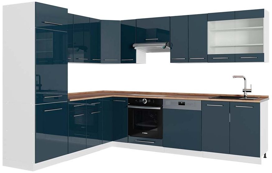 Eckküche Fame-Line Dunkelblau Hochglanz/Weiß 287 x 60 cm , AP Eiche Vicco