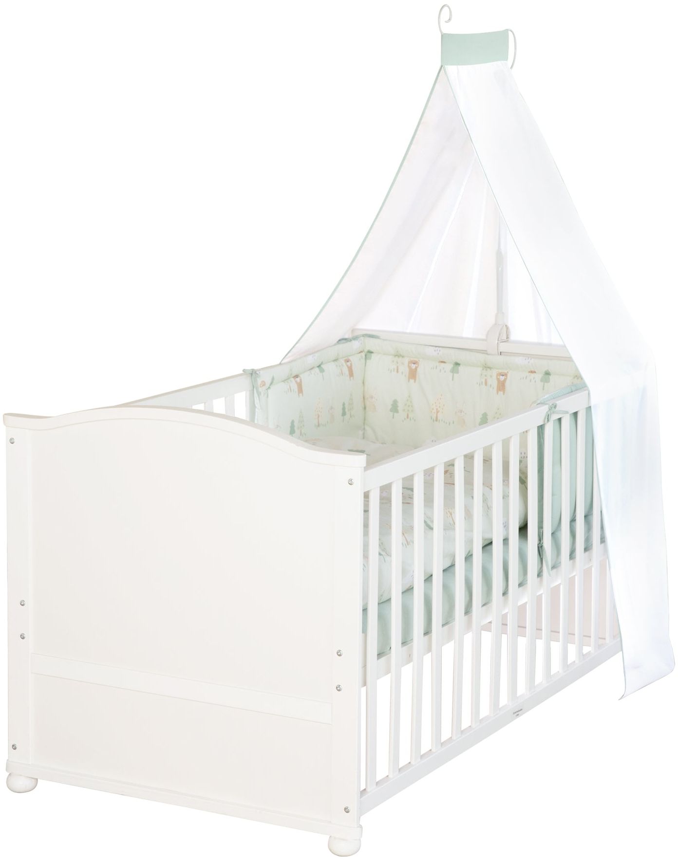 roba Babybett 70 x 140 cm Woodland Buddies - Umbaubares Kinderbett mit Zubehör - Inkl. Matratze, Himmel & Nestchen für Babys & Kleinkinder - Bettwäsche-Set 100x135 cm - Weiß / Grün