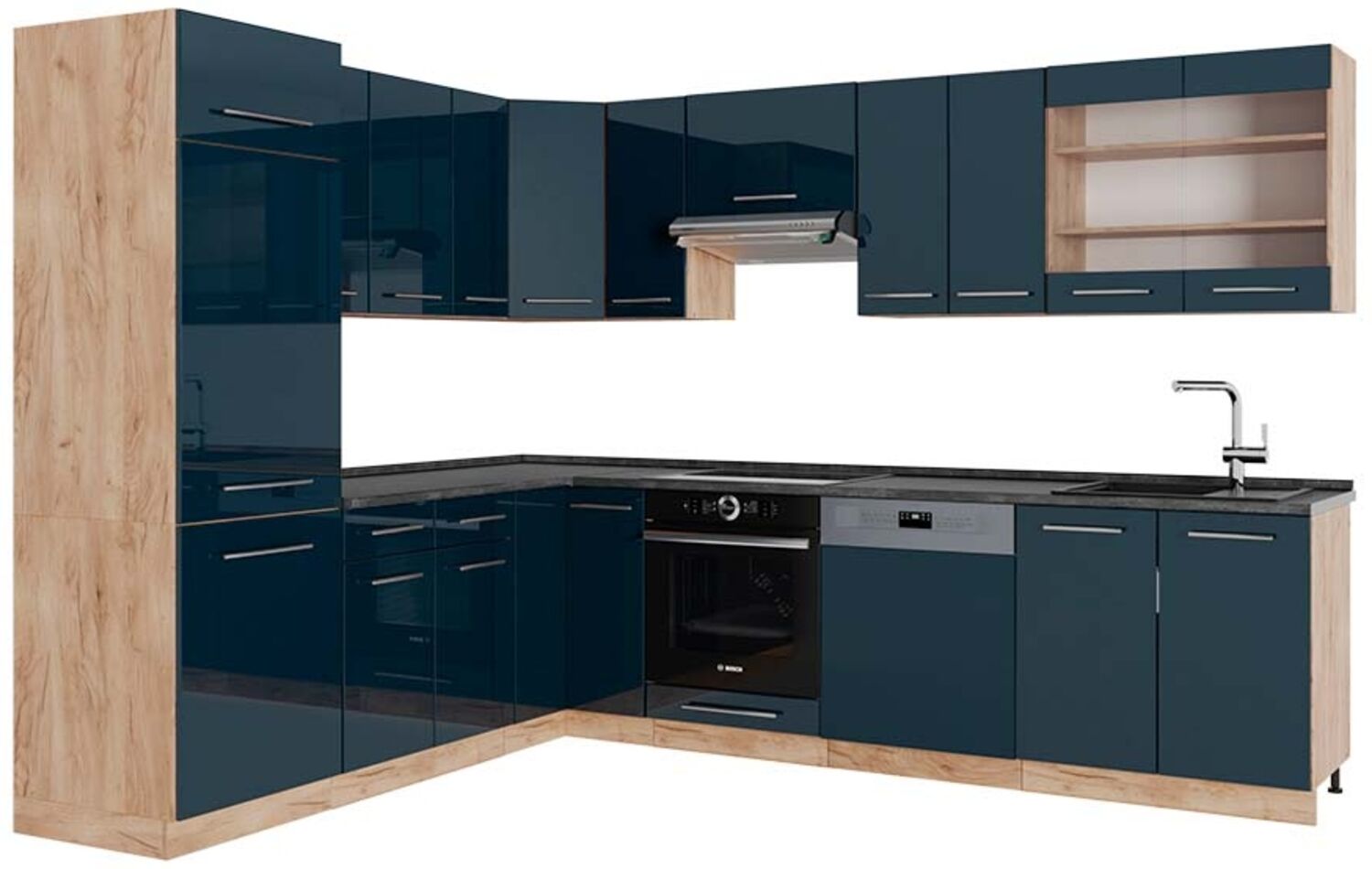 Eckküche Fame-Line Dunkelblau Hochglanz/Goldkraft Eiche 227 x 60 cm , AP Anthrazit Vicco