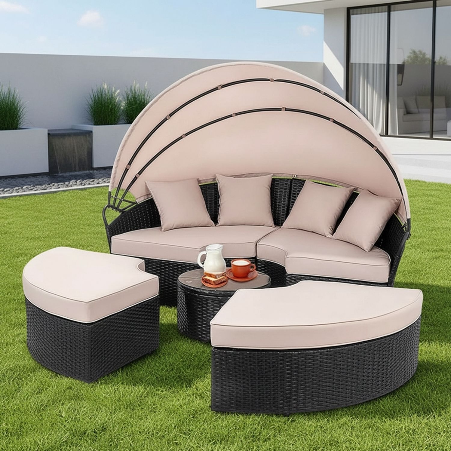 Sonneninsel 180CM Rattan Tisch Sonnenliege Polyrattan Gartenmuschel Sonnenliege
