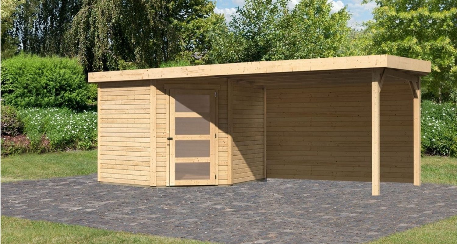 Karibu Woodfeeling Gartenhaus Schwandorf mit Anbaudach Gartenhaus aus Holz Holzhaus mit 19 mm Wandstärke inklusive Schleppdach Blockbohlenhaus mit Montagematerial