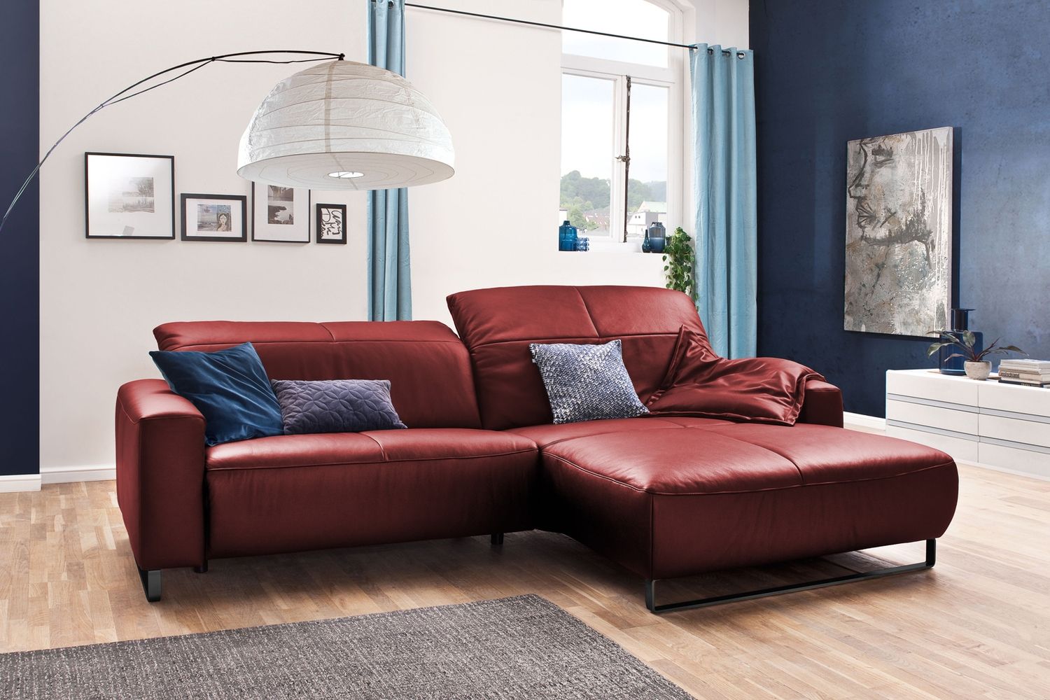 KAWOLA Sofa YORK Leder Life-line cherry Rec rechts Fuß Metall schwarz mit Sitztiefenverstellung 85 x 180 x 284 cm