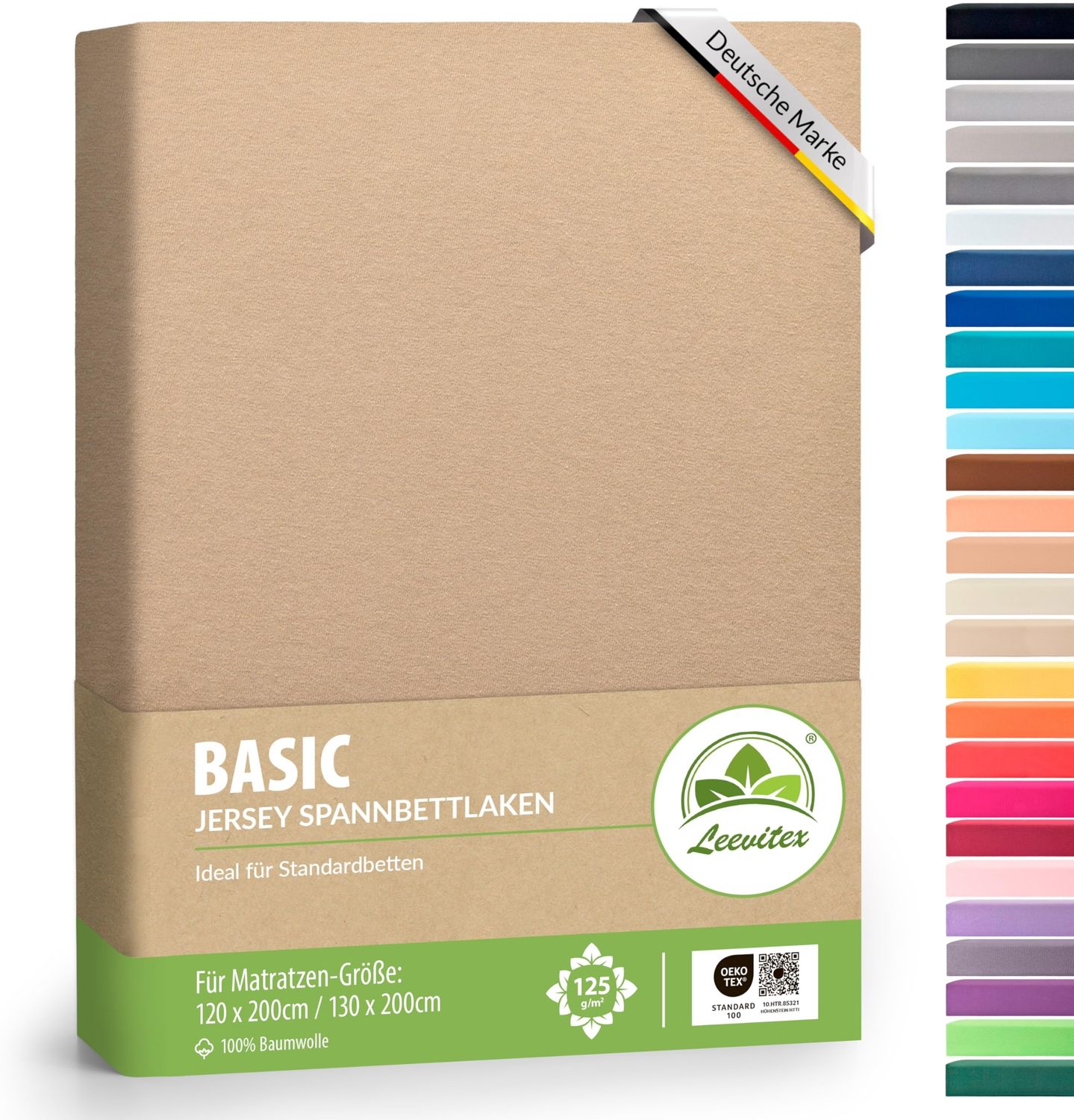 leevitex® Spannbettlaken 120x200 cm - 130x200 cm | Spannbetttuch Bettlaken | 100% Jersey Baumwolle | Matratzenhöhe bis 25 cm | Ökotex | Sand/Cappuccino