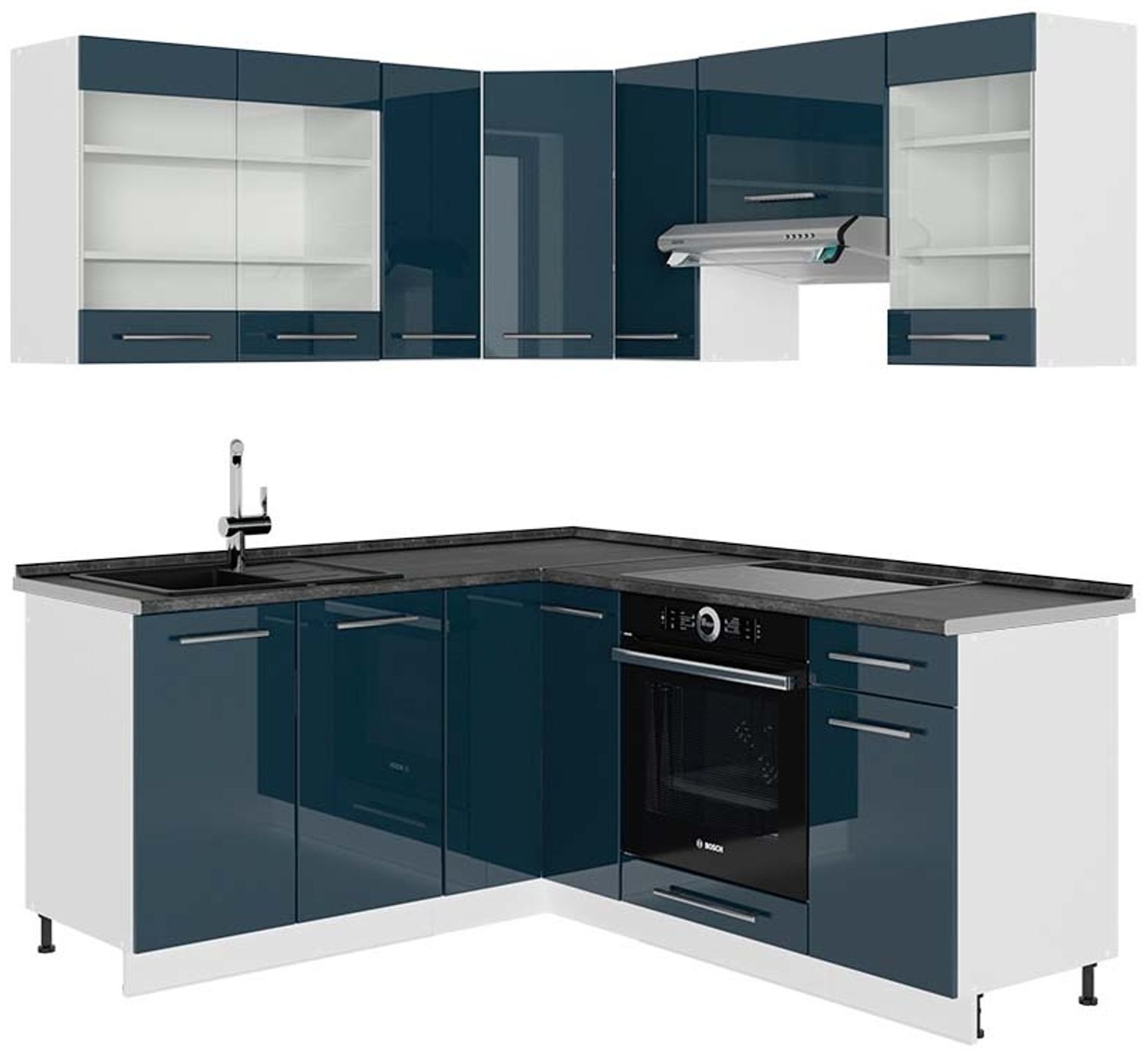 Eckküche Fame-Line Dunkelblau Hochglanz/Weiß 190 x 60 cm , AP Anthrazit Vicco