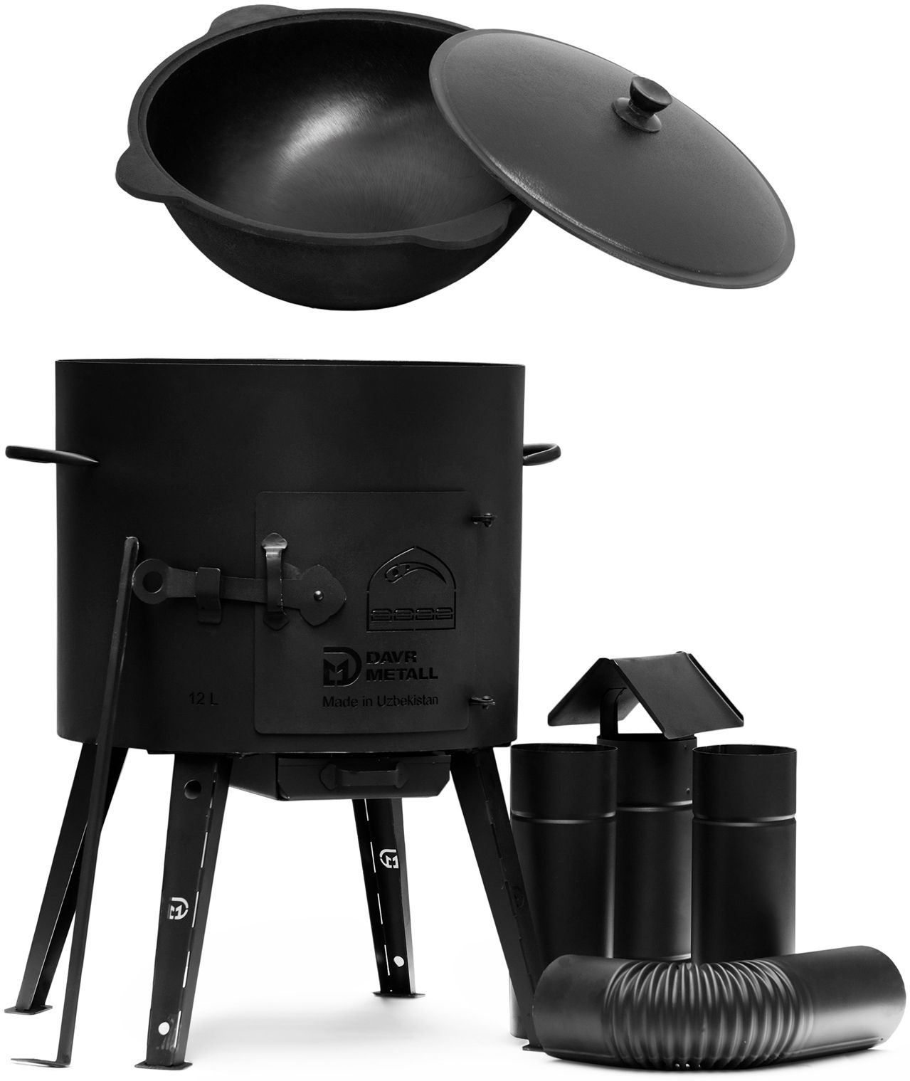 Ø44 Uchag 2mm stahl Utschak mit Schornstein Abzugsrohr Utschag Campingofen 16L Kazan Rund Kasan Feuerstelle Feldküche Außenküche Eintopfofen Gulaschkanone