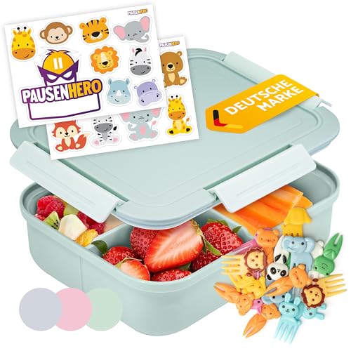 Pausenhero Brotdose Kinder mit Fächern, Snackbox mit Obstgabeln und Sticker Set Grün, BPA-frei, verstellbares Trennelement, ideal für Schule und Ausflüge