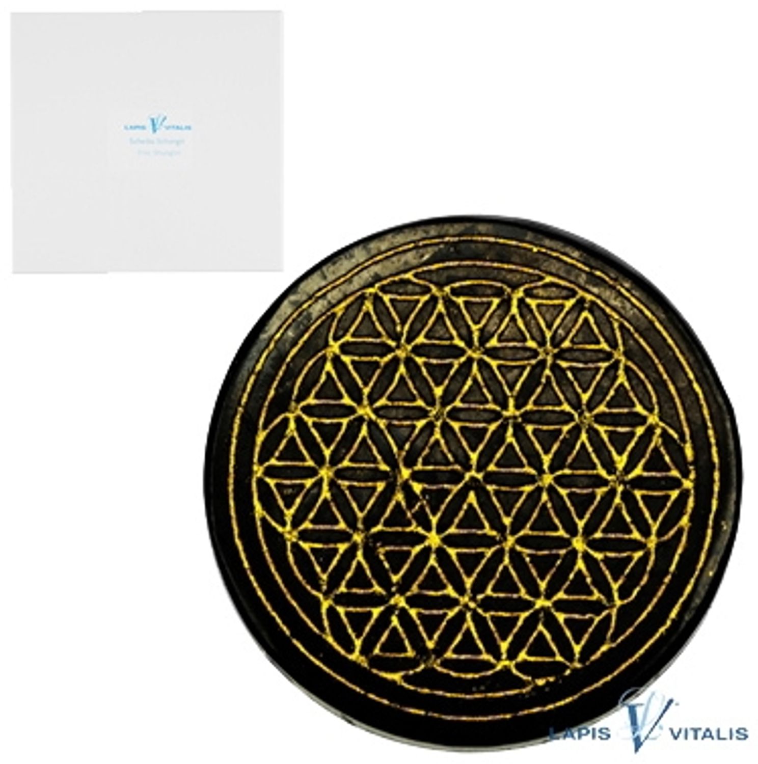 Schungit Untersetzer schwarzer Schungit Edelstein Blume des Lebens Gold