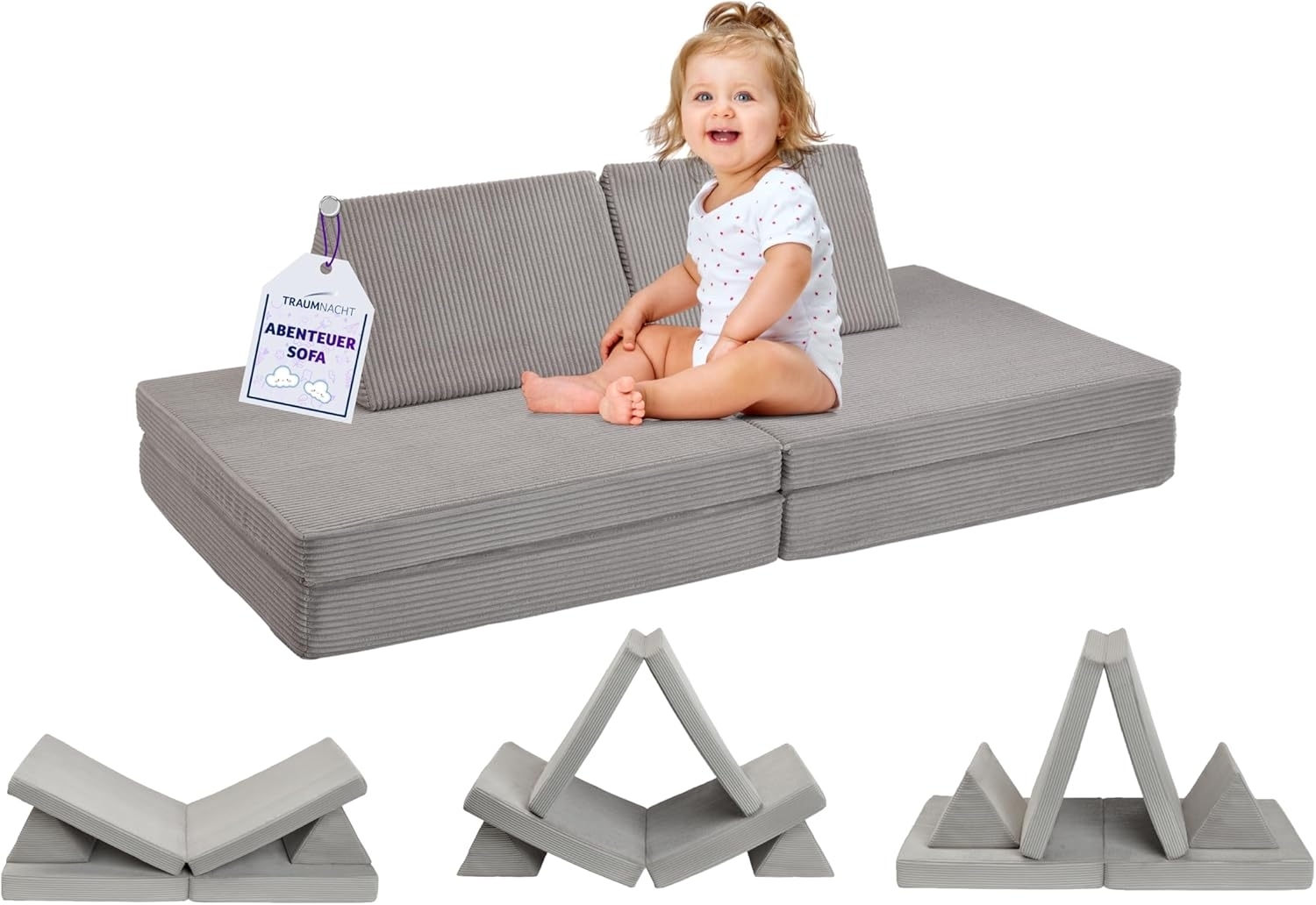 Traumnacht Abenteuer Sofa mit kuscheligem Bezug aus hochwertigem Kord Gewebe, waschbar, 81,5 x 81,5 x 12 cm, steingrau, produziert nach deutschem Qualitätsstandard