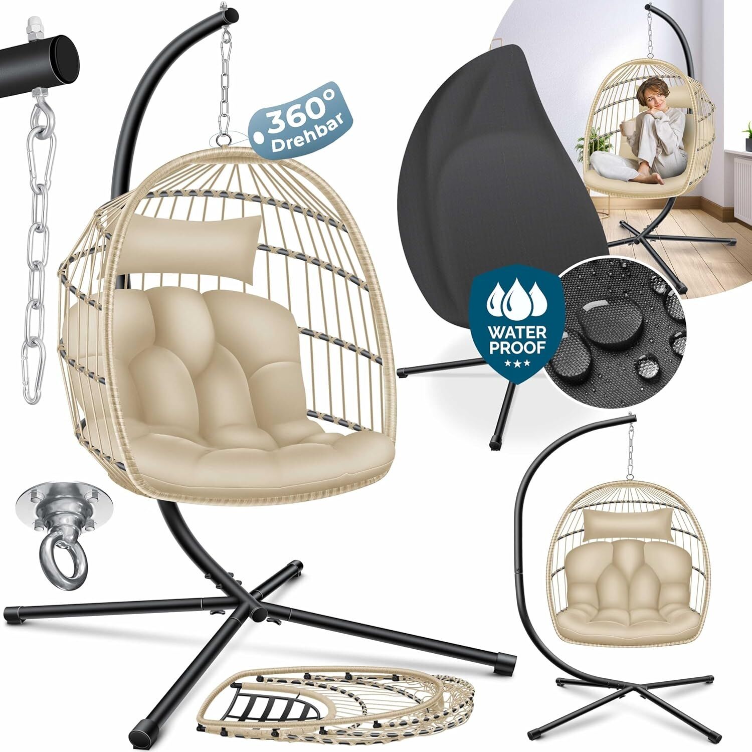 KESSER® Hängesessel Jungle mit Gestell Stahl Hängekorb Sessel Inkl. Großen Kissen + Decken Halterung - Hängeschaukel Hängesitz Indoor - Outdoor Schaukel Hängestuhl für Kinder und Erwachsene Beige