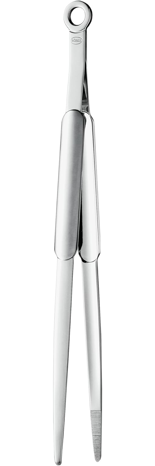 RÖSLE Spitzzange, Hochwertige Zange zum gezielten Greifen und Wenden von Speisen beim Kochen oder Braten, Edelstahl 18/10, hochglänzend/ matt, 31 x 2 x 6 cm, Silbern