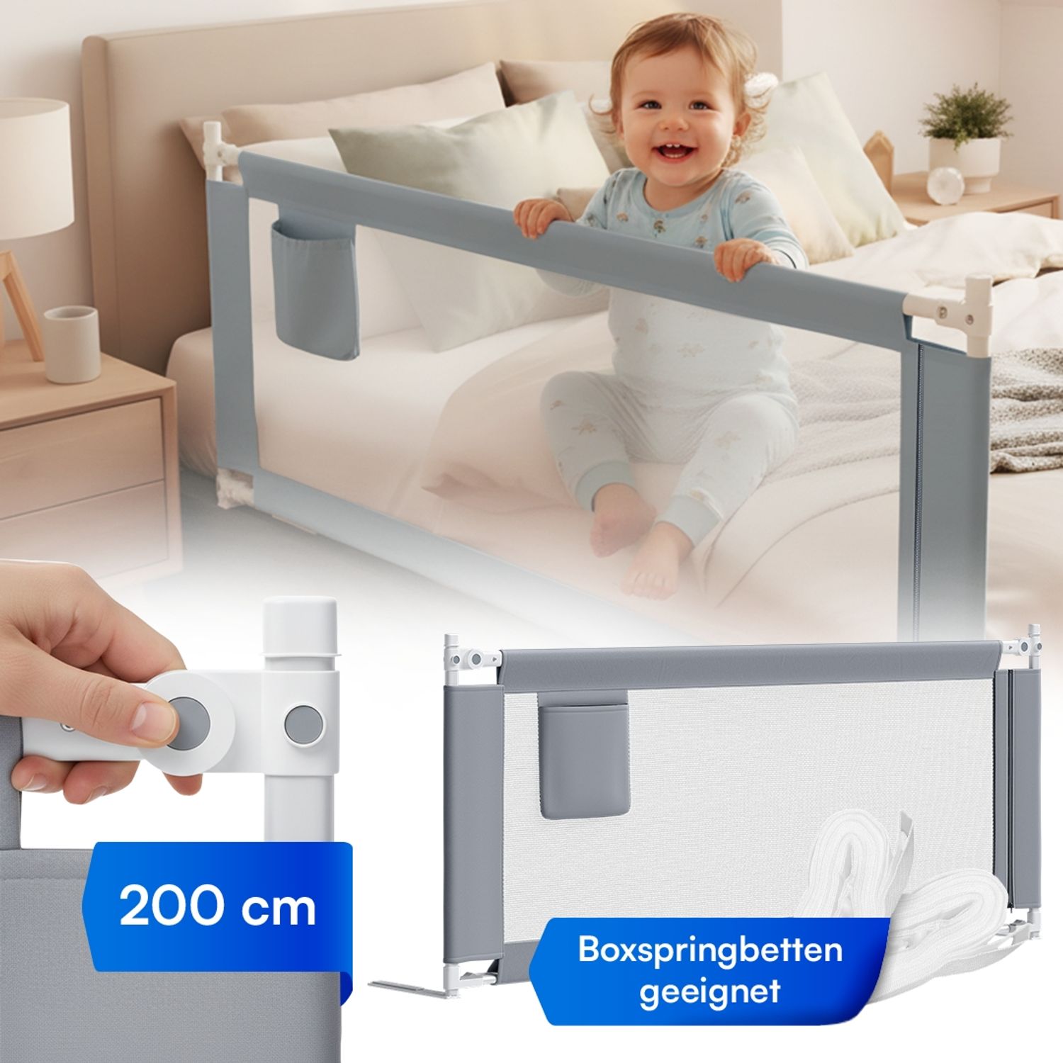 Bellabino 'Drina' Bettschutzgitter mit 2 Sicherheitsgurten, Rausfallschutz klappbar & höhenverstellbar, aus Oxford-Stoff & Metall, 200 cm, hellgrau