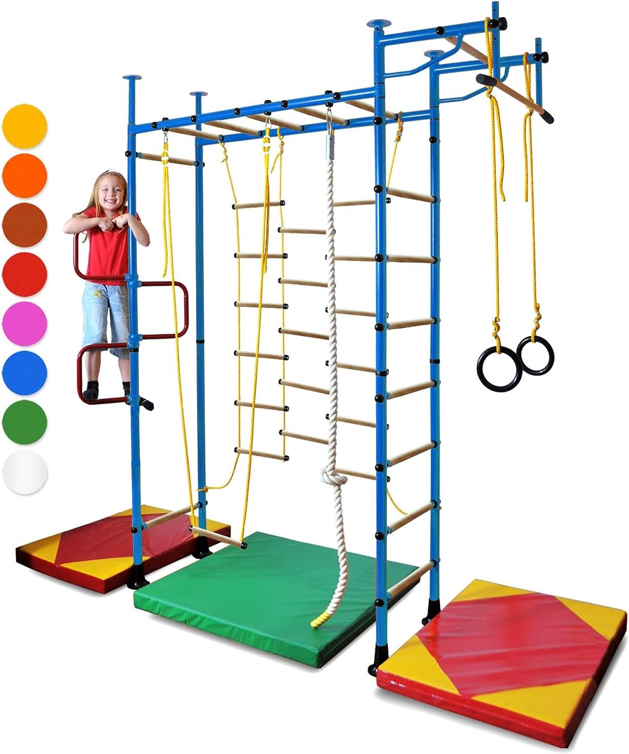 NiroSport Sprossenwand für Kinderzimmer M3 aufbau ohne bohrungen Made in Germany Holzsprossen Blau Raumhöhe 200 - 250 cm