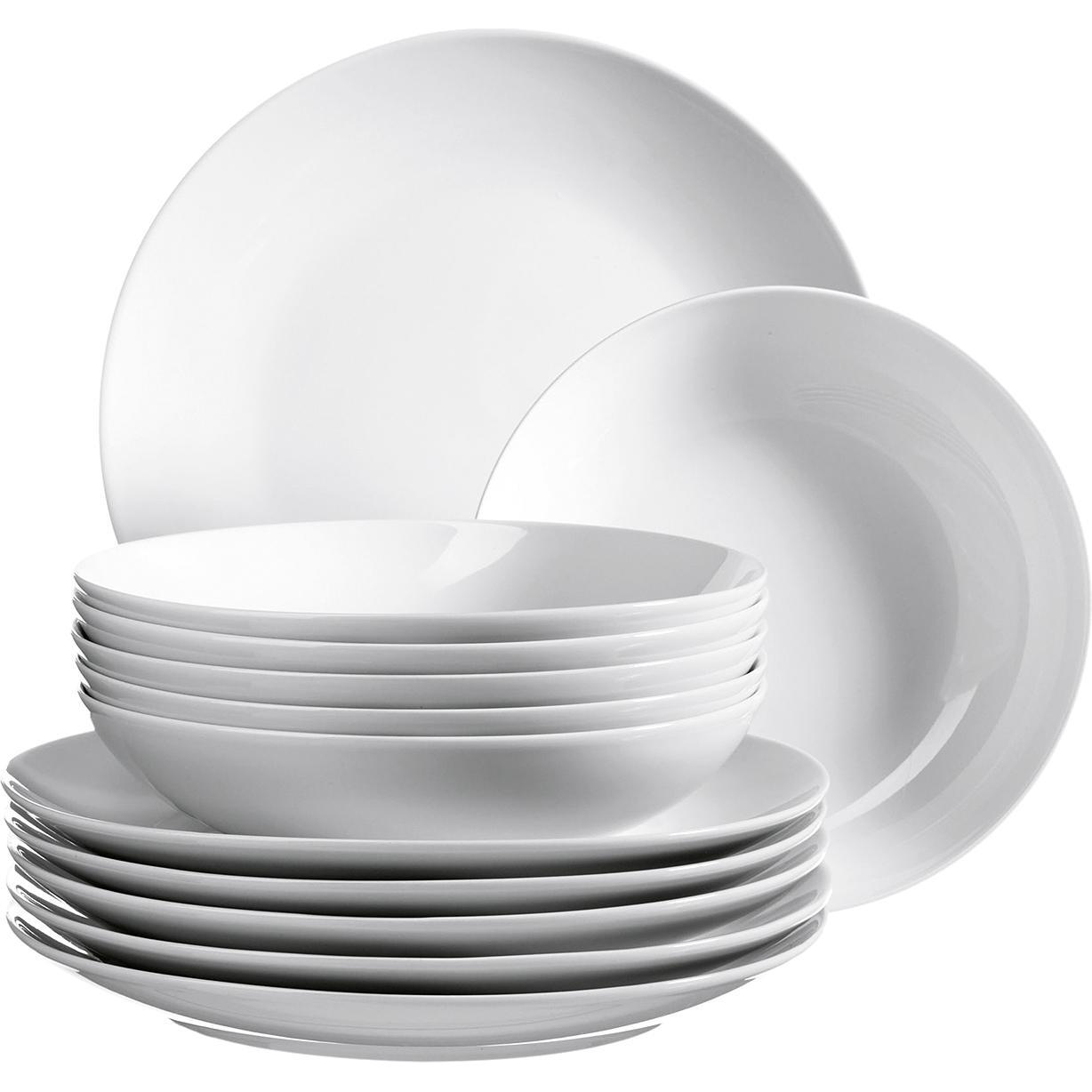 Mäser Tafelservice 'Barca', Geschirrset 12-teilig aus weißem Porzellan mit Farbklecksen, spülmaschinen- und mikrowellengeeignet