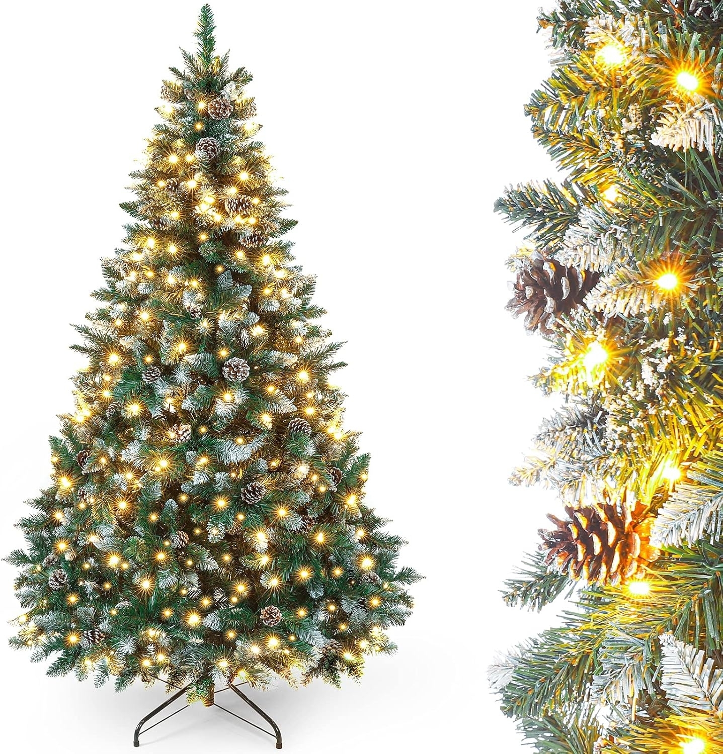 Yorbay Künstlicher Weihnachtsbaum Künstlicher Tannenbaum mit LED Beleuchtung, Schnee, Kiefernzapfen, 150 / 180 / 210 cm auswählbar, mit Ständer, Weihnachtsbaum Christbaum für Weihnachten-Dekoration
