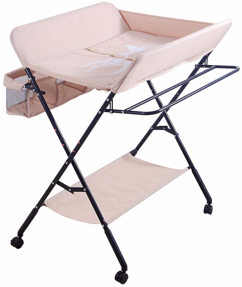Klappbare Baby Wickelkommode, Wickeltisch mit Ablageflächern, Rollen, Kissen mit Höhenskala, 80 × 66 × (92-95-98) cm, Beige