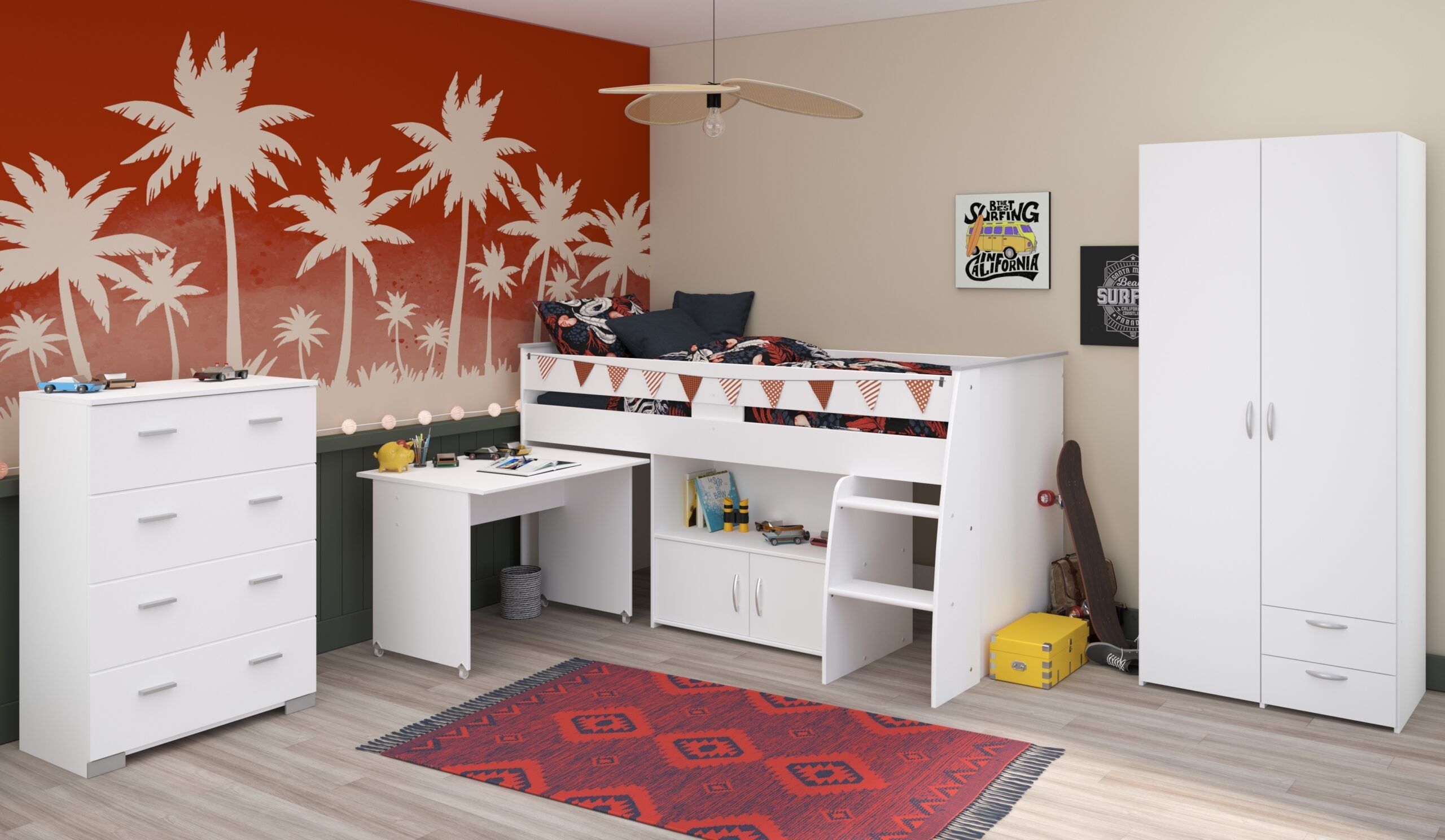 Jugendzimmer Reverse Kinderzimmer Komplett Set in Weiß mit Hochbett – Verschiedene Set Varianten - 4 teilig , Hochbett + Lattenrost + Kleiderschrank + Kommode , 90 x 200 cm